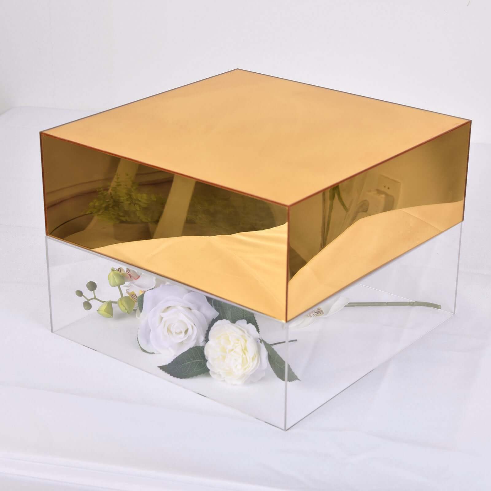 Acrylic Cake Box Stand Pedestal Riser Mirror Finish Gold - Display for Desserts and Events 14x14