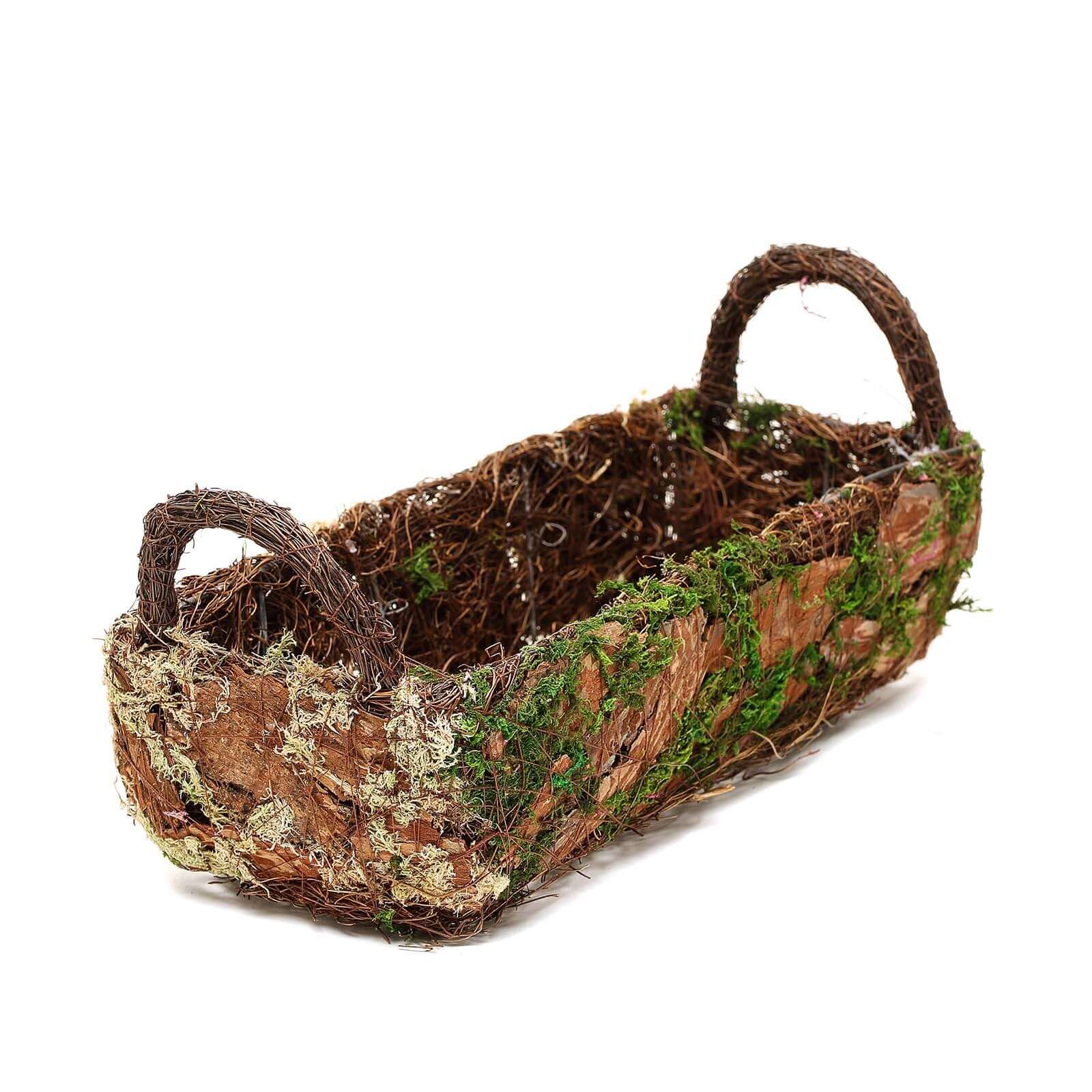 Set of 2 Rustic Planter Boxes Preserved Moss Log Shaped with Handle - Flower Basket Centerpieces 13, 15