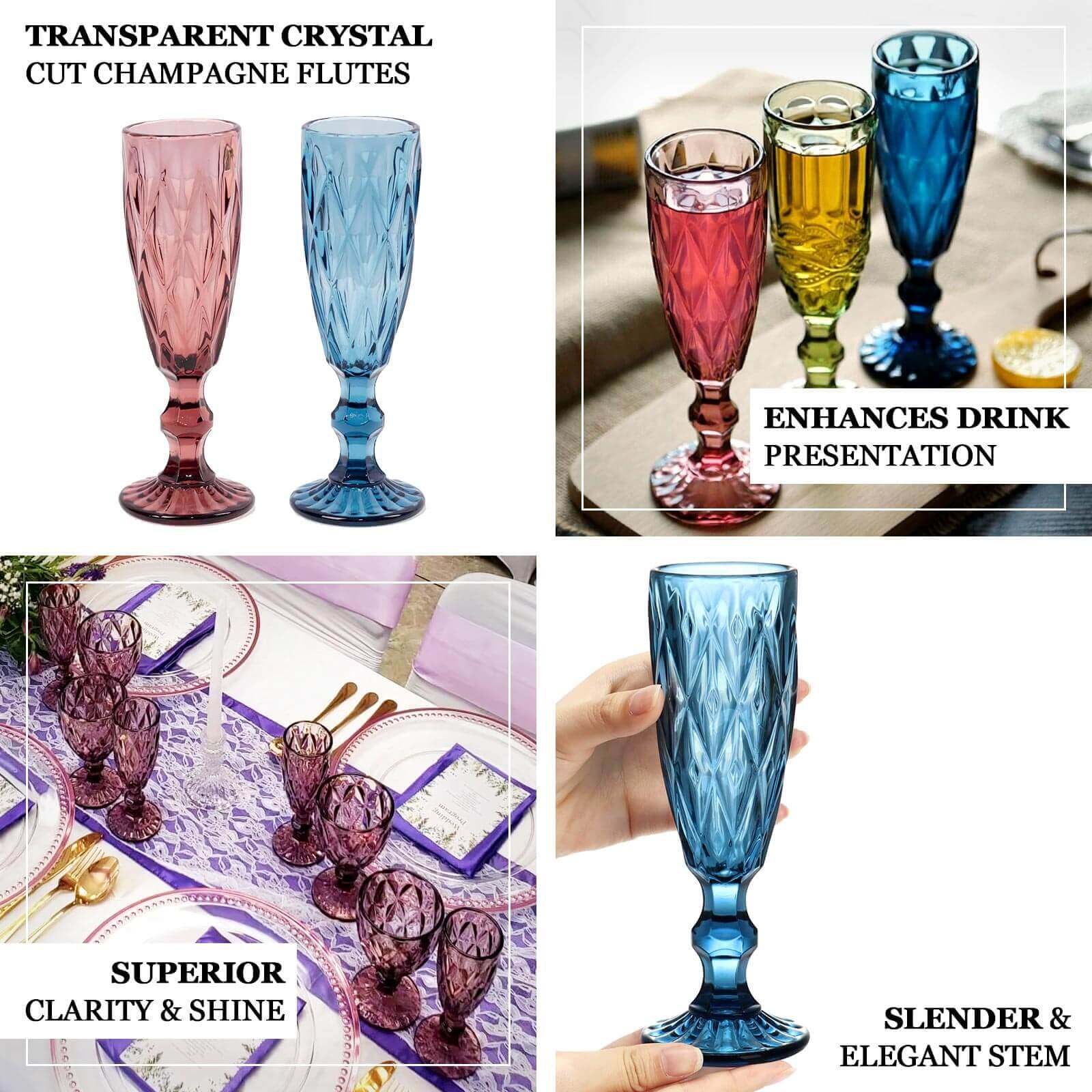 6-Pack Champagne Flute Glasses Transparent Ocean Blue Textured Crystal Cut Design - Chic Wine Goblets for Parties & Events 6oz 8