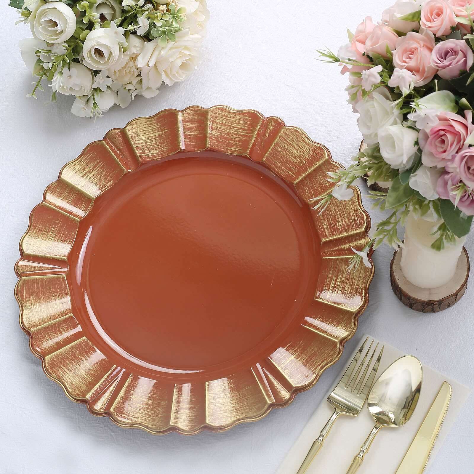 6-Pack Acrylic Plastic Round Charger Plates 13 in Terracotta (Rust) with Gold Brushed Wavy Scalloped Rim, Decorative Dinner Party Charger Tableware