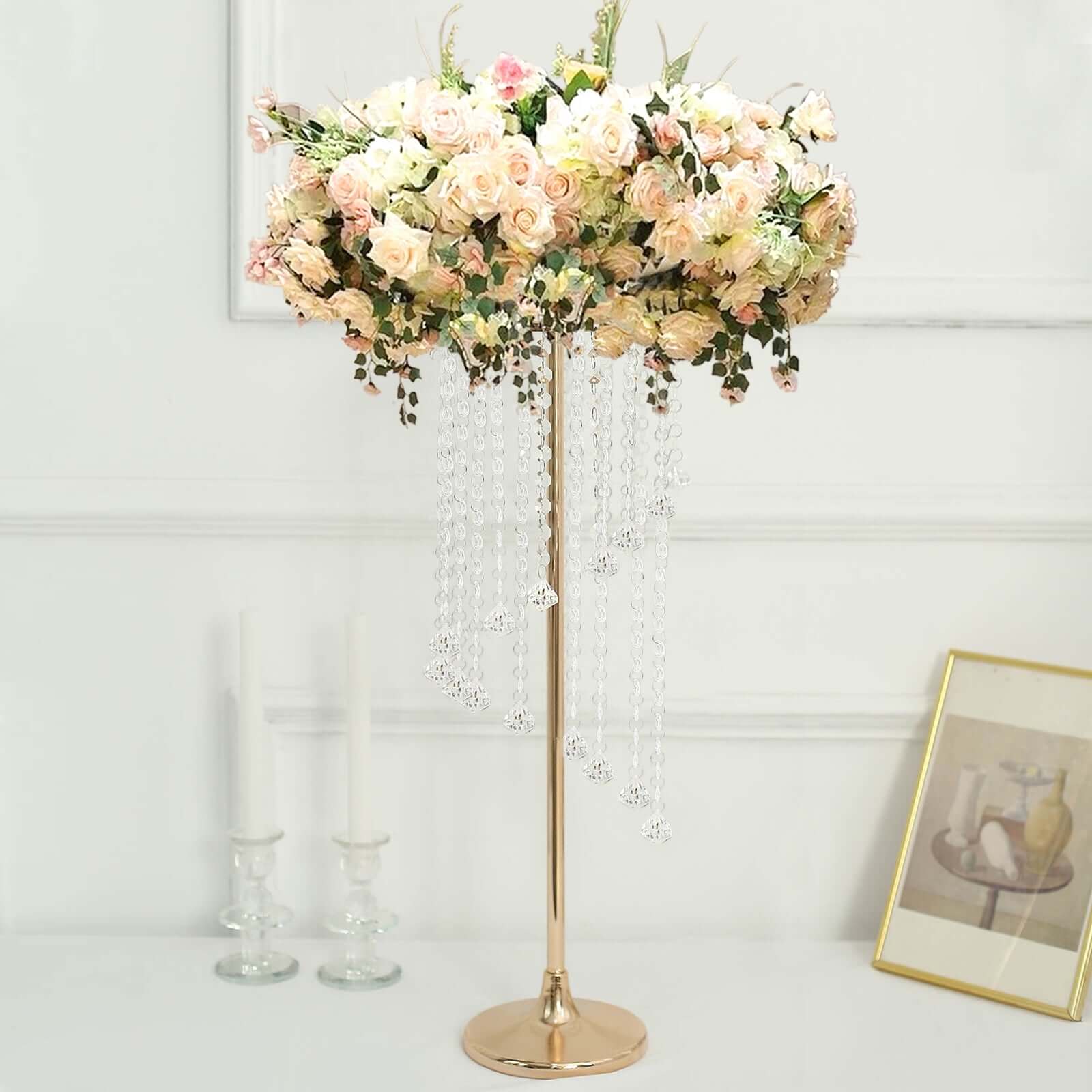 2-Pack Metal Flower Stand Gold with Spiral Hanging Beads - Crystal Pedestal Table Wedding Centerpiece 24