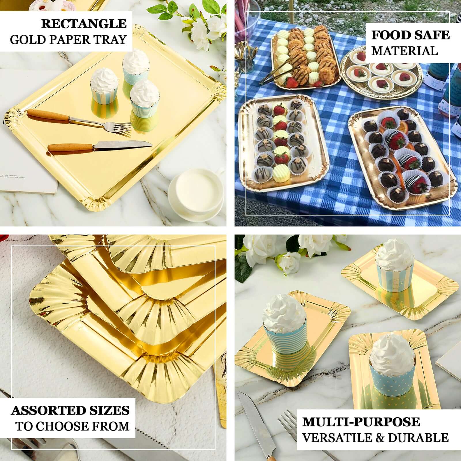 10-Pack Paper 9 Rectangle Serving Trays Metallic Gold - Durable Disposable 400GSM Cardboard Party Platters With Designer Edges for Festive Celebrations