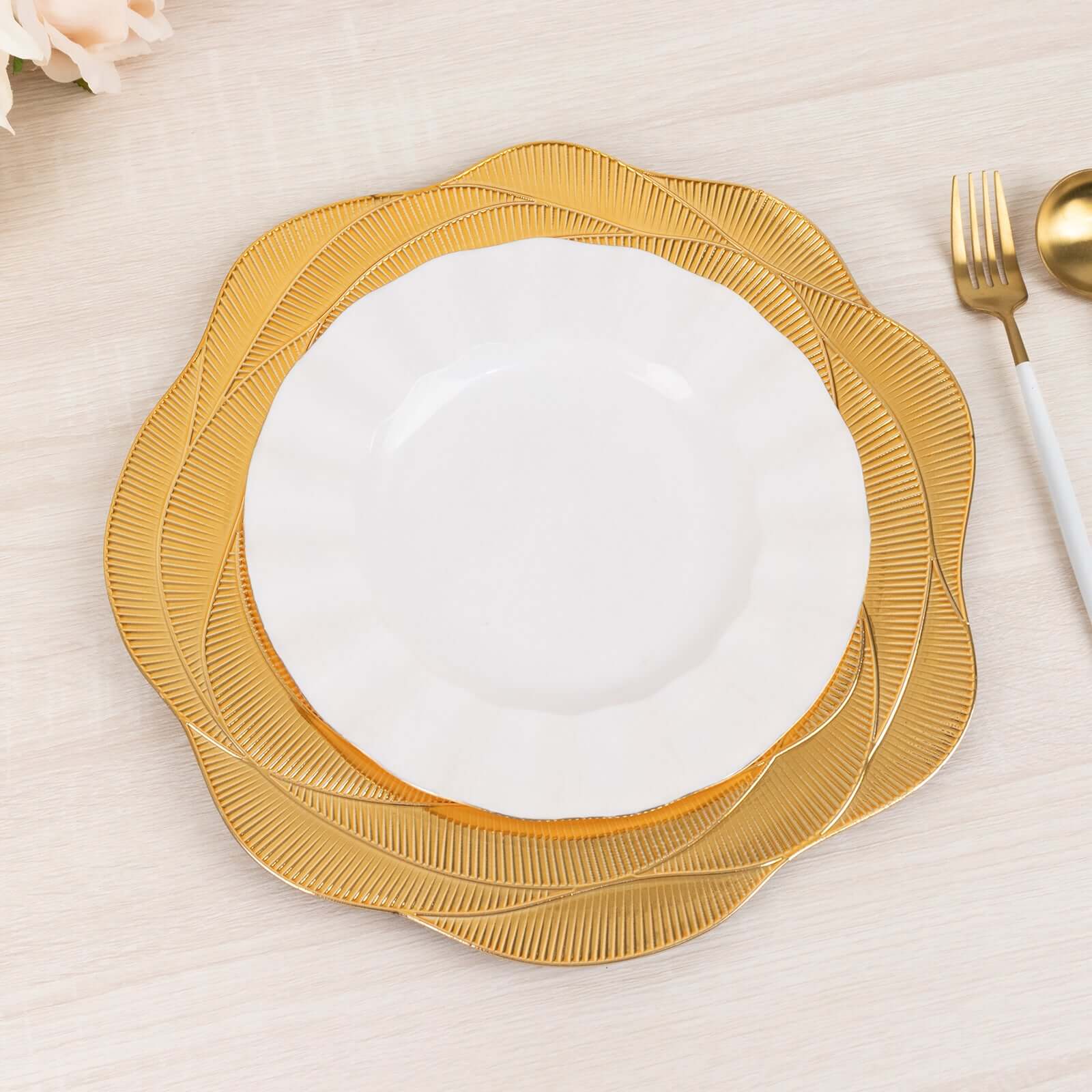 6-Pack Acrylic Round Charger Plates 13 in Metallic Gold with Ribbed Rose Pattern, Event Tabletop Decorative Charger Tableware