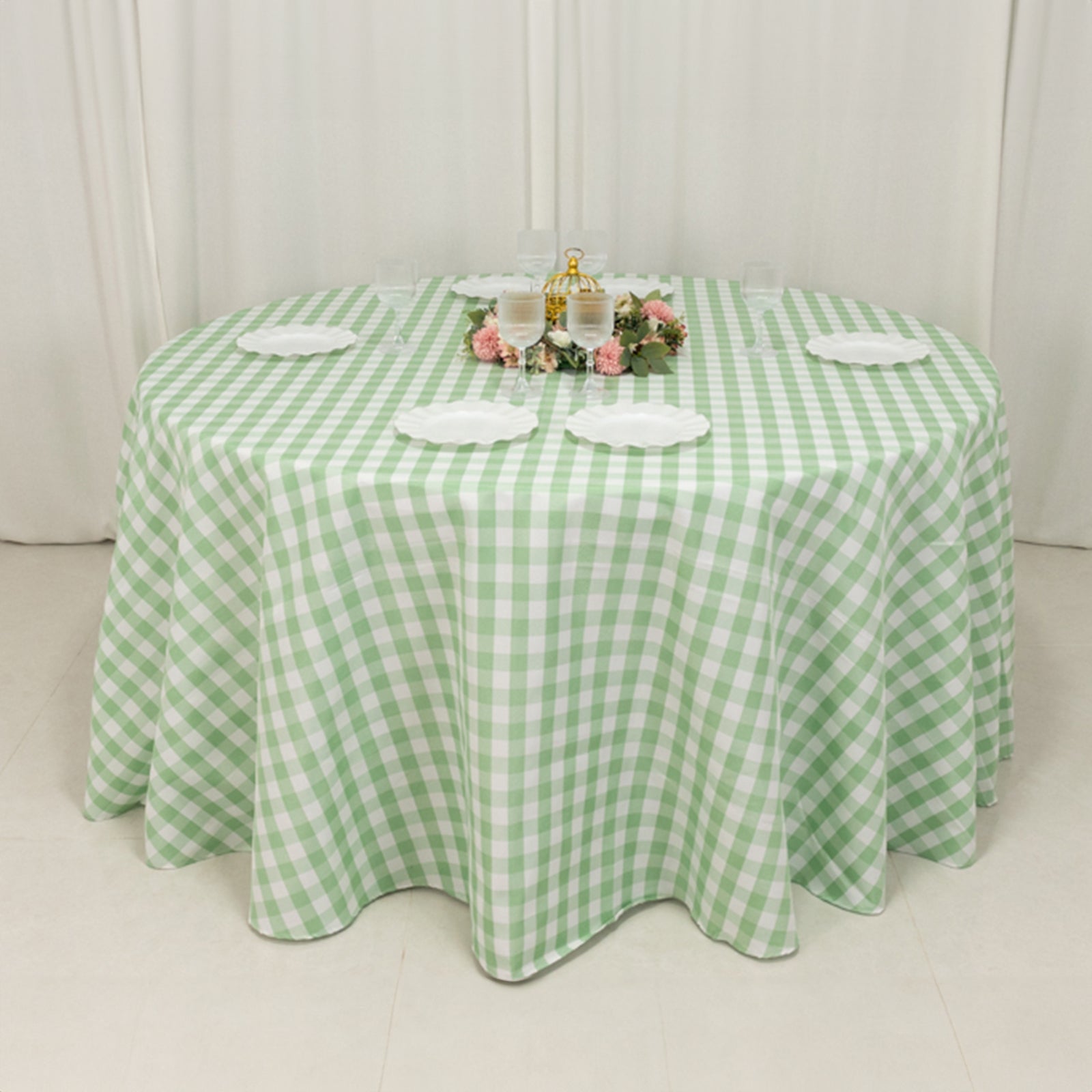 Polyester 120 Round Tablecloth White/Sage Green Seamless - Checkered Buffalo Plaid Table Cover