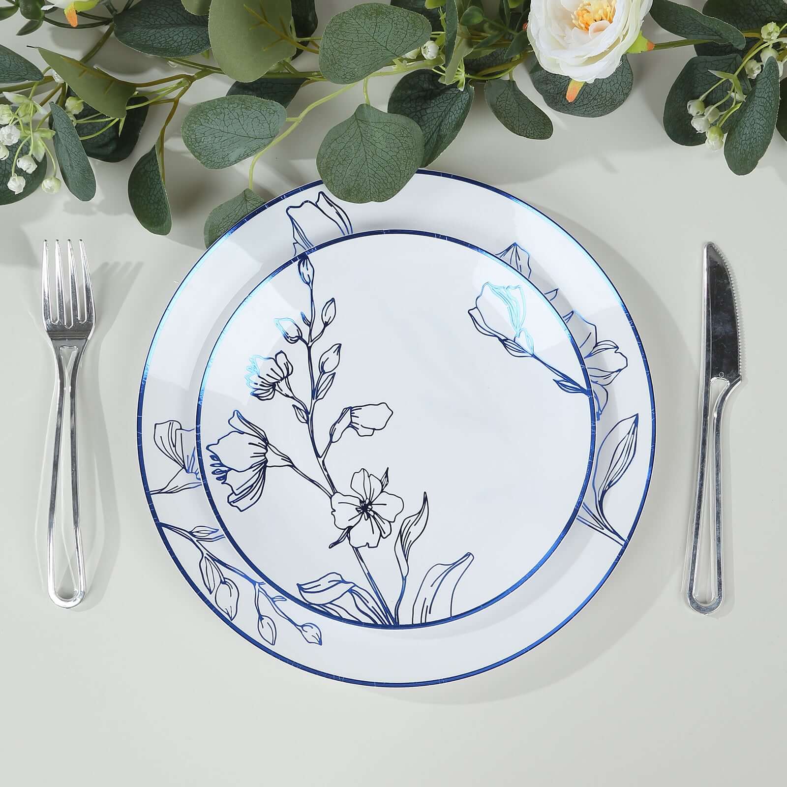 Set of 20 Plastic Round Dinner and Dessert Plates in White with Metallic Blue Floral Design - Stylish Disposable Dinnerware 8, 10