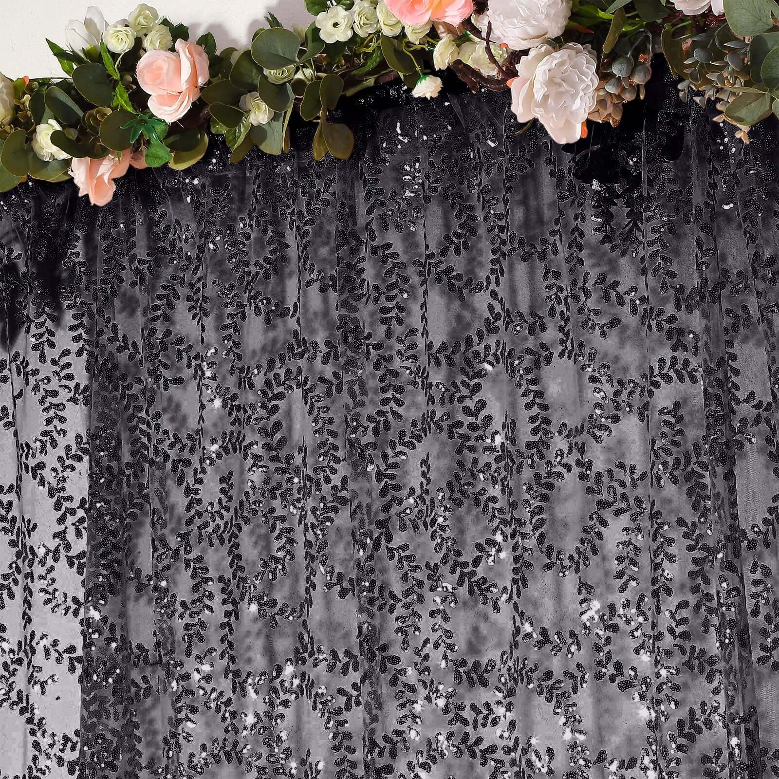 8ftx8ft Black Embroider Sequin Event Curtain Drapes, Sparkly Sheer Backdrop Event Panel With Embroidery Leaf