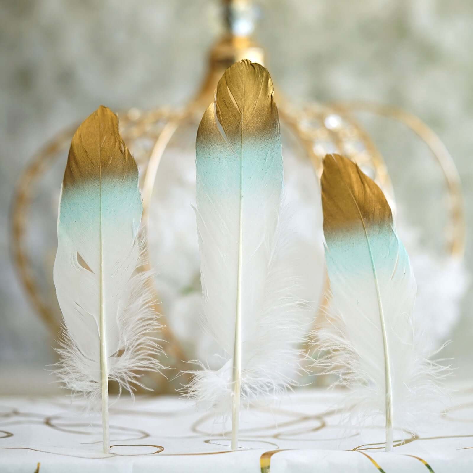 30-Pack Goose Feathers Craft Feathers Metallic Gold Tip Dual Tone Mint White - Decorative Feathers for DIY Projects