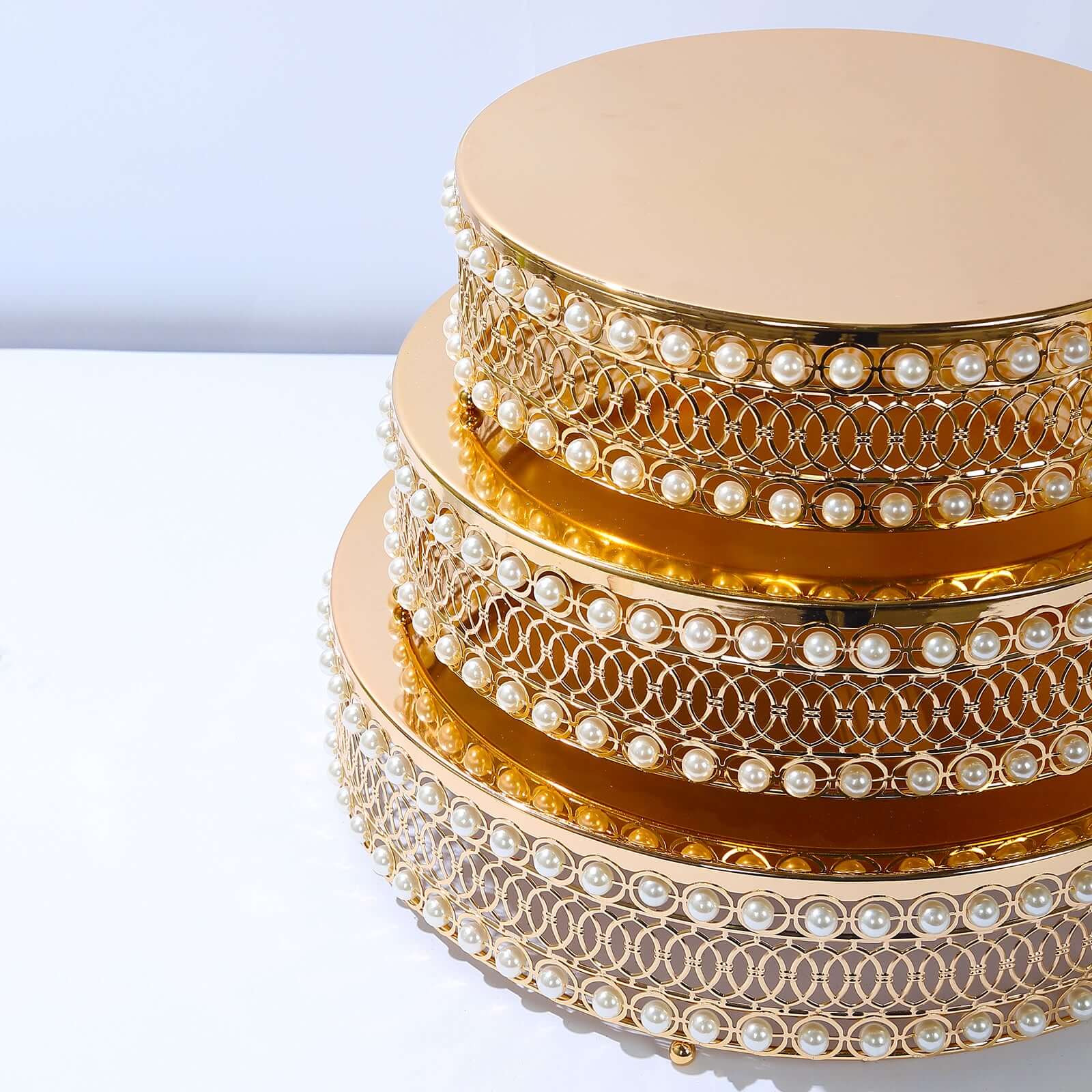 Set of 3 Cake Stands Round Design with Mirror Top Gold - Pearl Beaded Stackable Cupcake Holders Metal 12, 14, 16