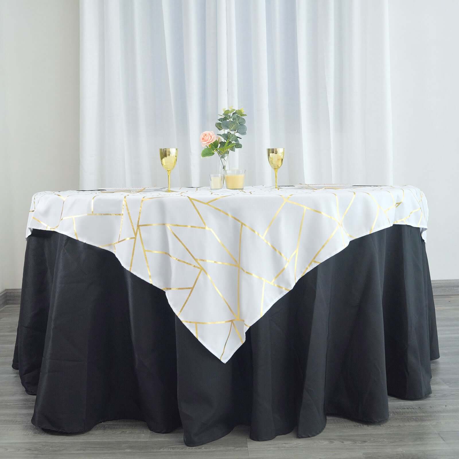 Polyester 54x54 Table Overlay Square Tablecloth White with Gold Foil Geometric Pattern - Wrinkle-Resistant & Durable for Stylish Settings