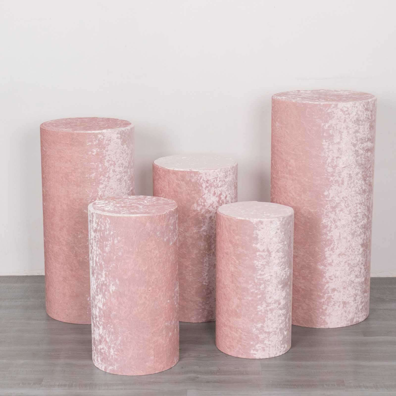 Set of 5 Blush Crushed Velvet Cylinder Pedestal Stand Covers, Premium Pillar Prop Covers