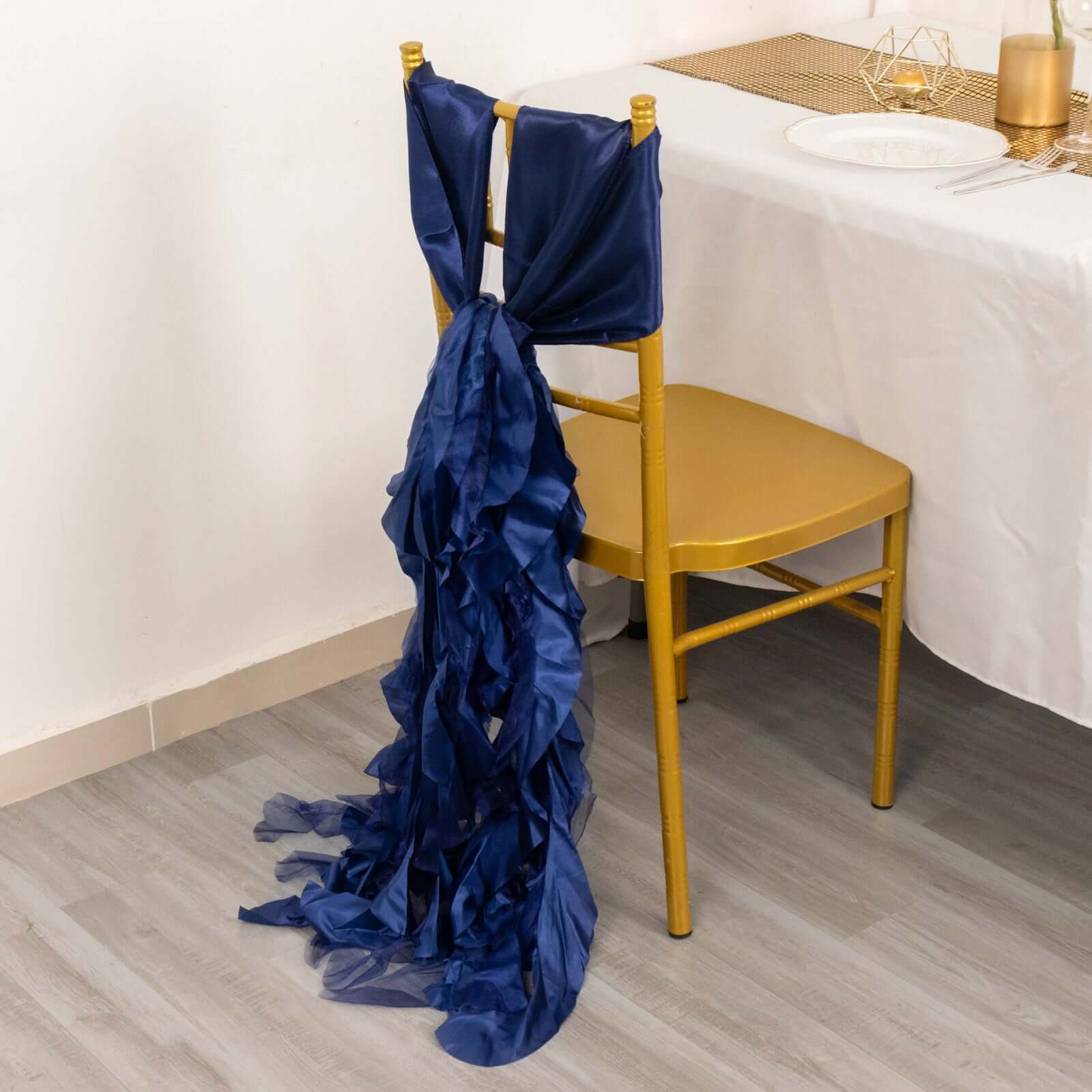 5 Pack Chiffon Satin Chair Sashes Navy Blue - Easy to Install Ruffled Curly Willow