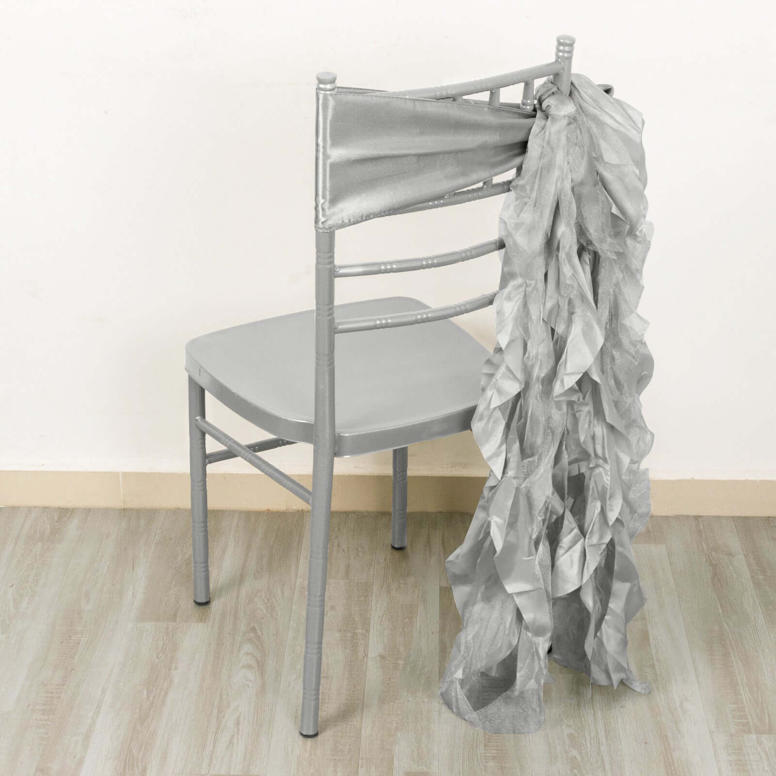 5 Pack Chiffon Satin Chair Sashes Silver - Easy to Install Ruffled Curly Willow