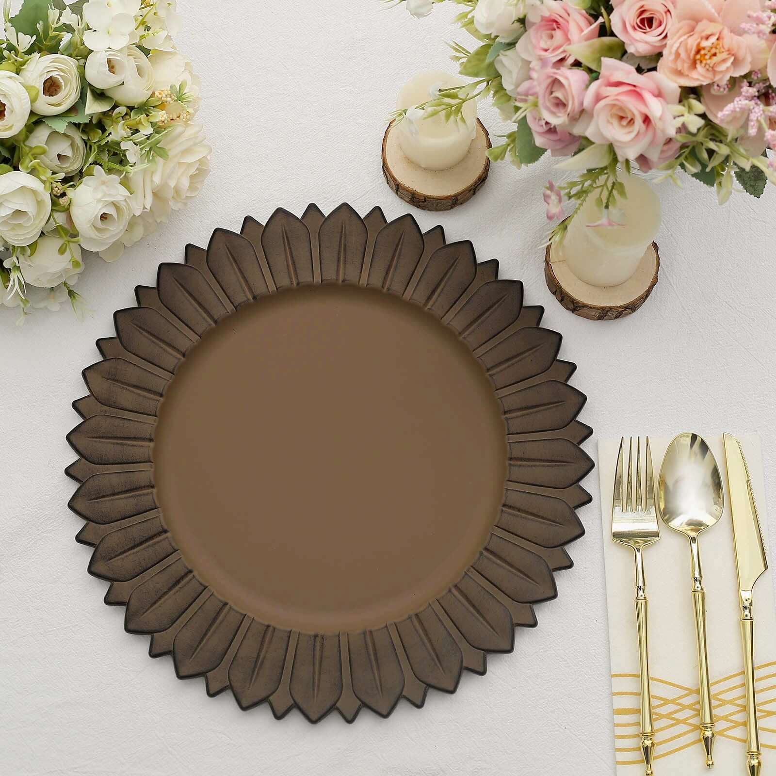 6-Pack Plastic Round Charger Plates 13 in Natural with Sunflower Rim, Matte Finish Disposable Dinner Charger Tableware