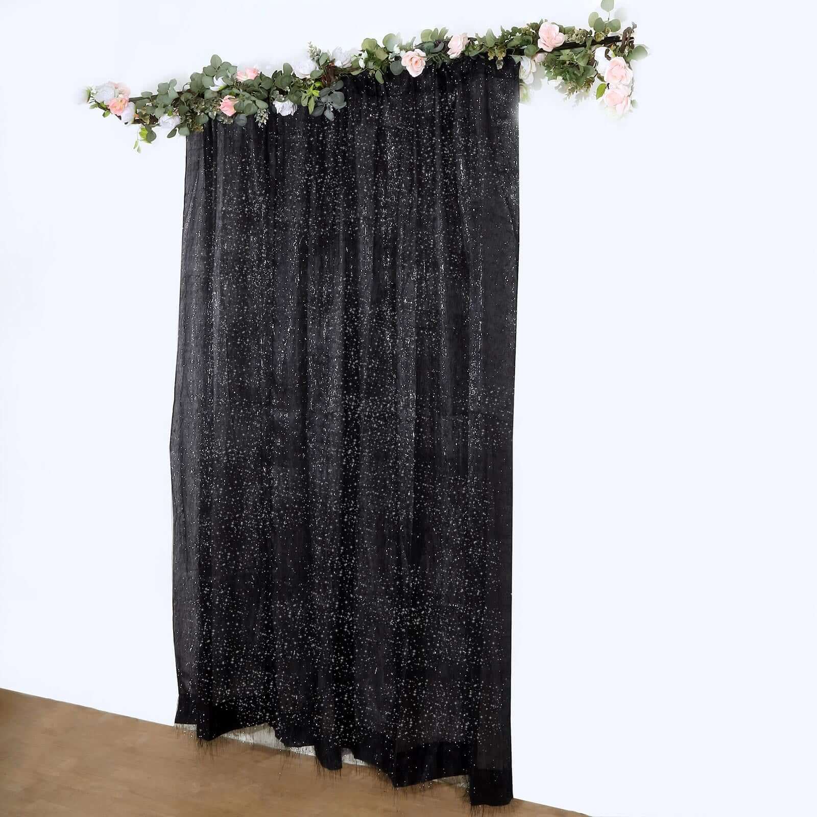 8ft Black Metallic Fringe Shag Event Drapery Panel, Shimmery Tinsel Polyester Divider Backdrop Curtain