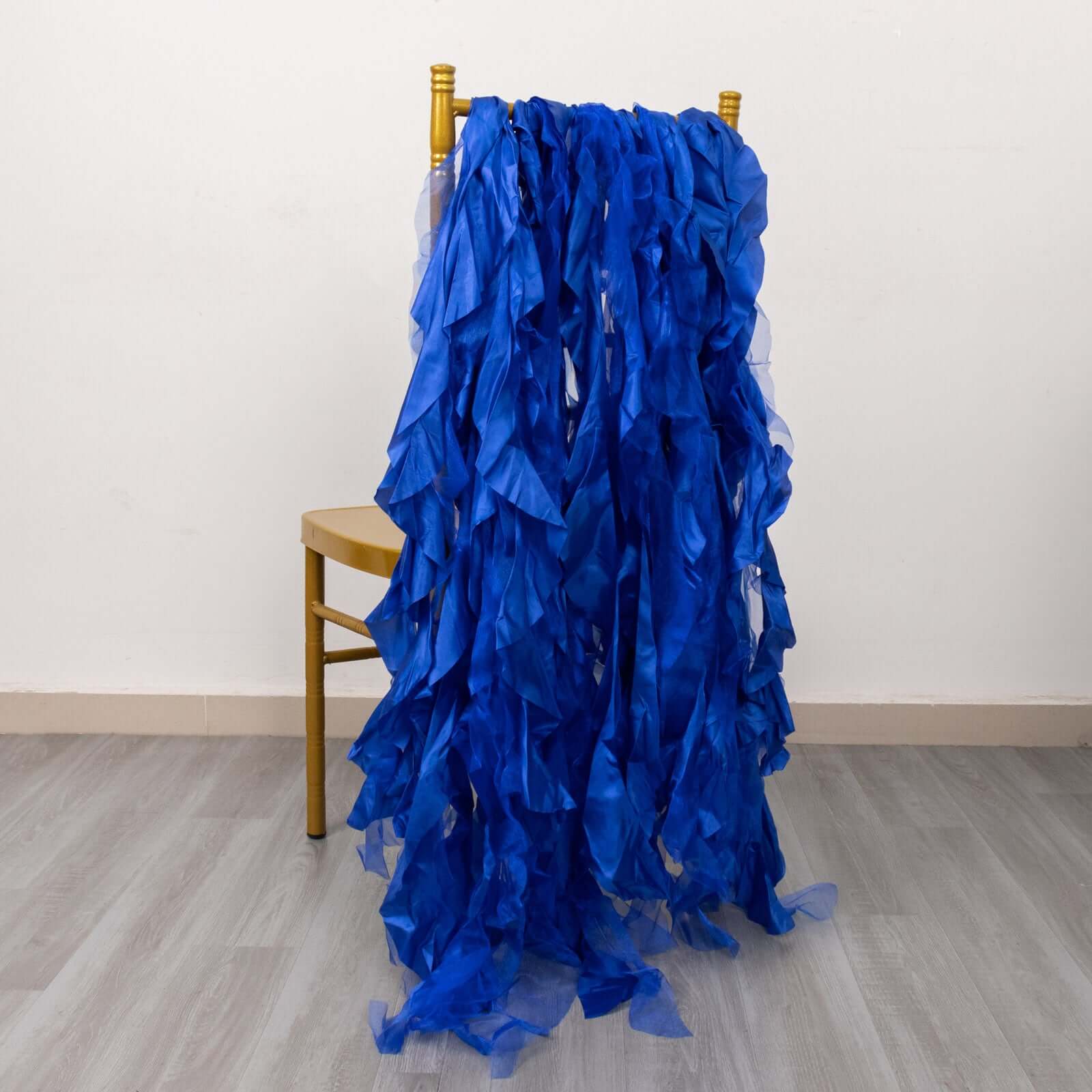 5 Pack Chiffon Satin Chair Sashes Royal Blue - Easy to Install Ruffled Curly Willow