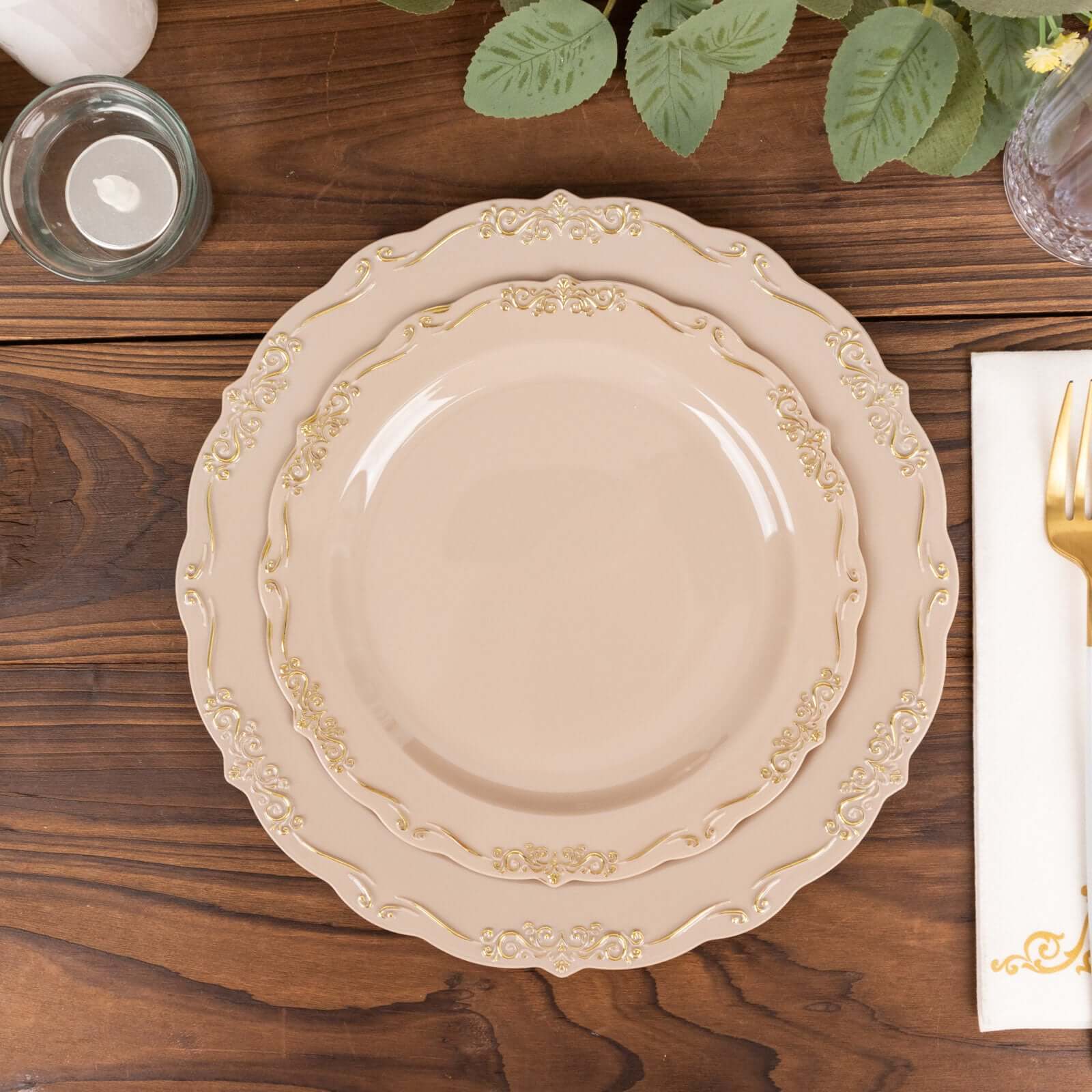 10-Pack Plastic 7 Round Dessert Plates in Taupe with Gold Vintage Embossed Rim - Sturdy Disposable Scalloped Edge Salad Plates