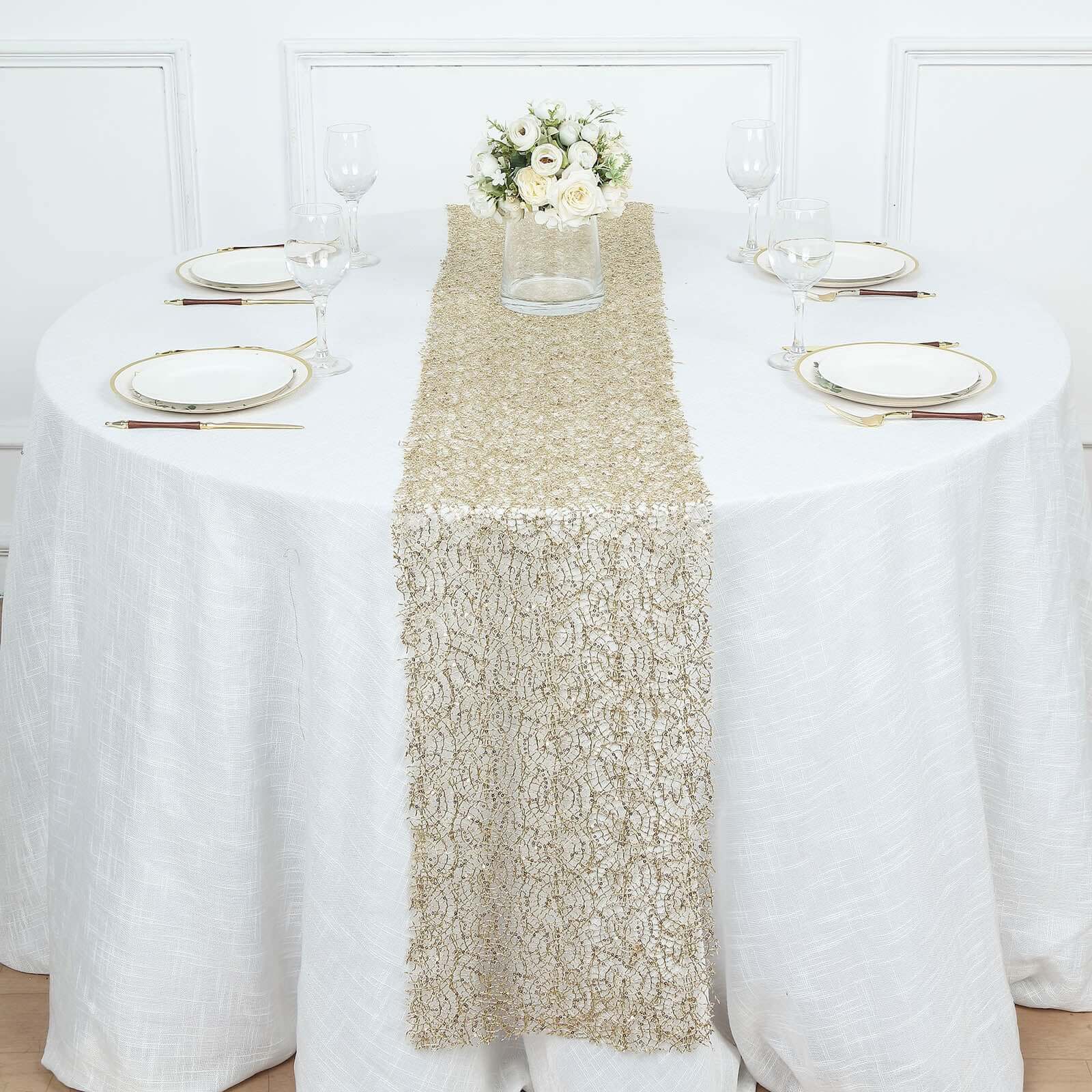 Mesh 12x108 Table Runner Gold - Sequin Schiffli Lace Design for Stylish Celebrations