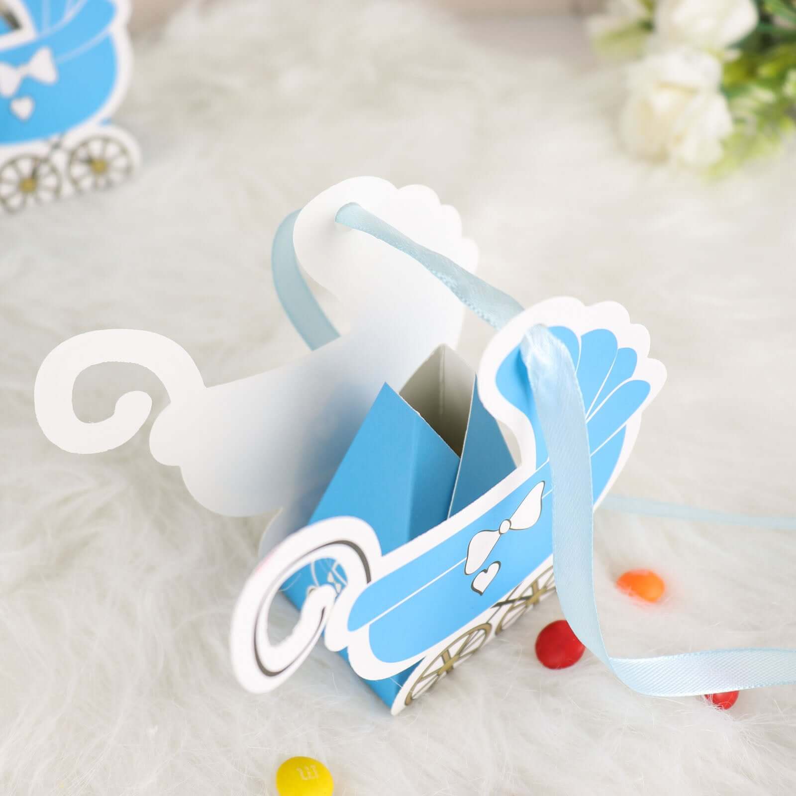 25 Pack Light Blue Baby Paper Stroller Party Favor Gift Boxes, Cardstock Carriage Candy Boxes with Ribbon Ties - 4.5x2x4