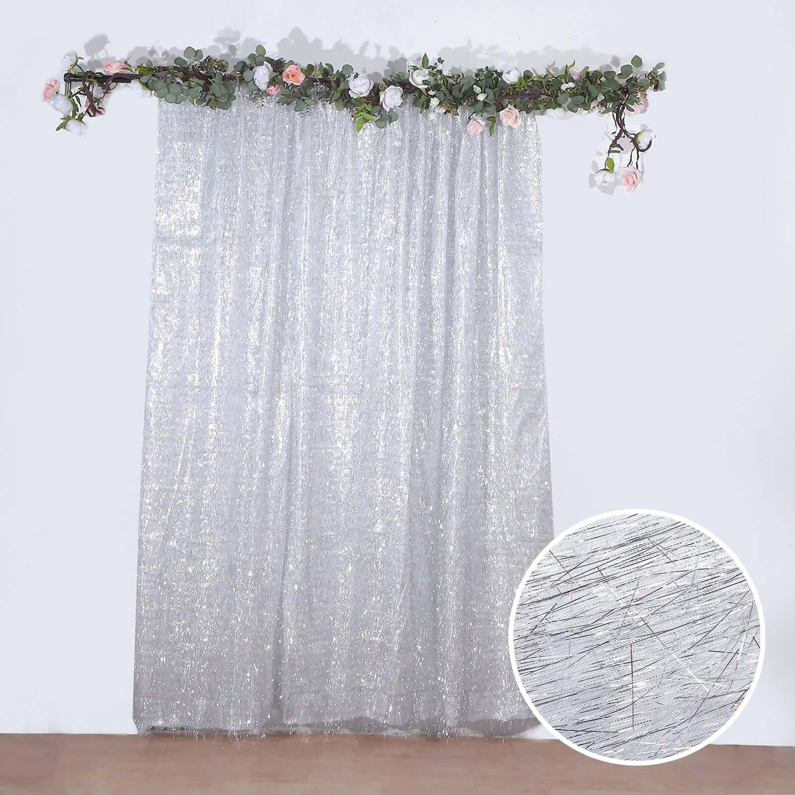 8ft Silver Metallic Fringe Shag Event Drapery Panel, Shimmery Tinsel Polyester Divider Backdrop Curtain