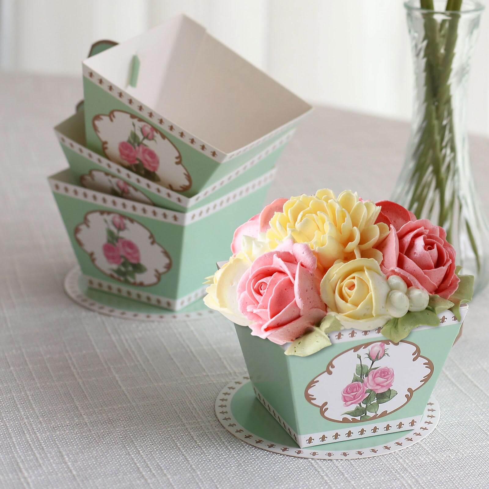 25 Pack Turquoise Mini Teacup and Saucer Party Favor Boxes with Rose Floral Print, Tea Time Candy Boxes - 4x3