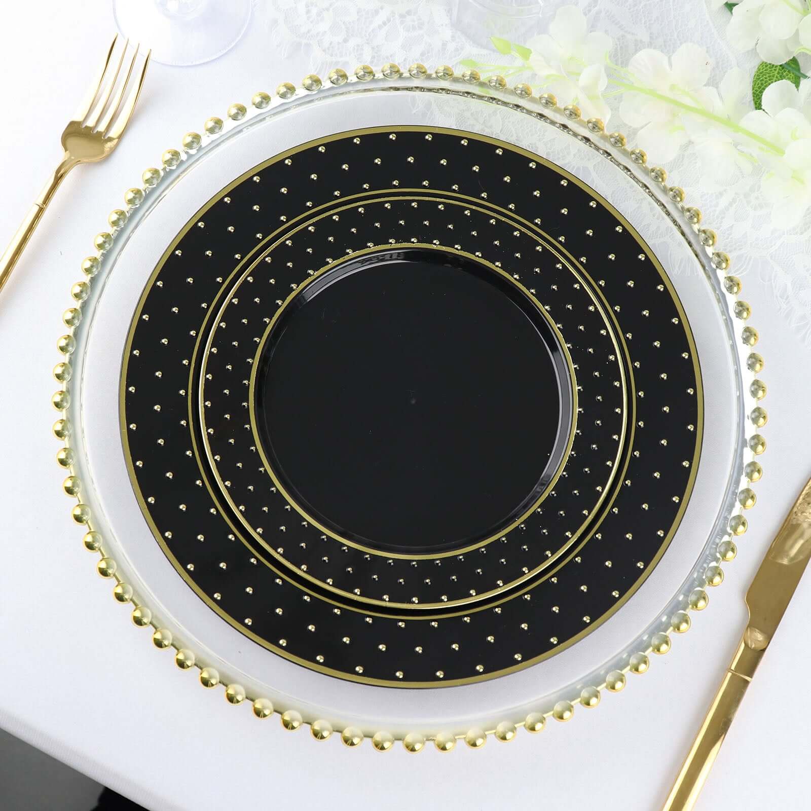 10-Pack Plastic 7.5 Round Dessert Plates in Black with Gold 3D Polka Dotted Rim - Durable Disposable Appetizer Salad Plates for Modern Themed Events & Banquets