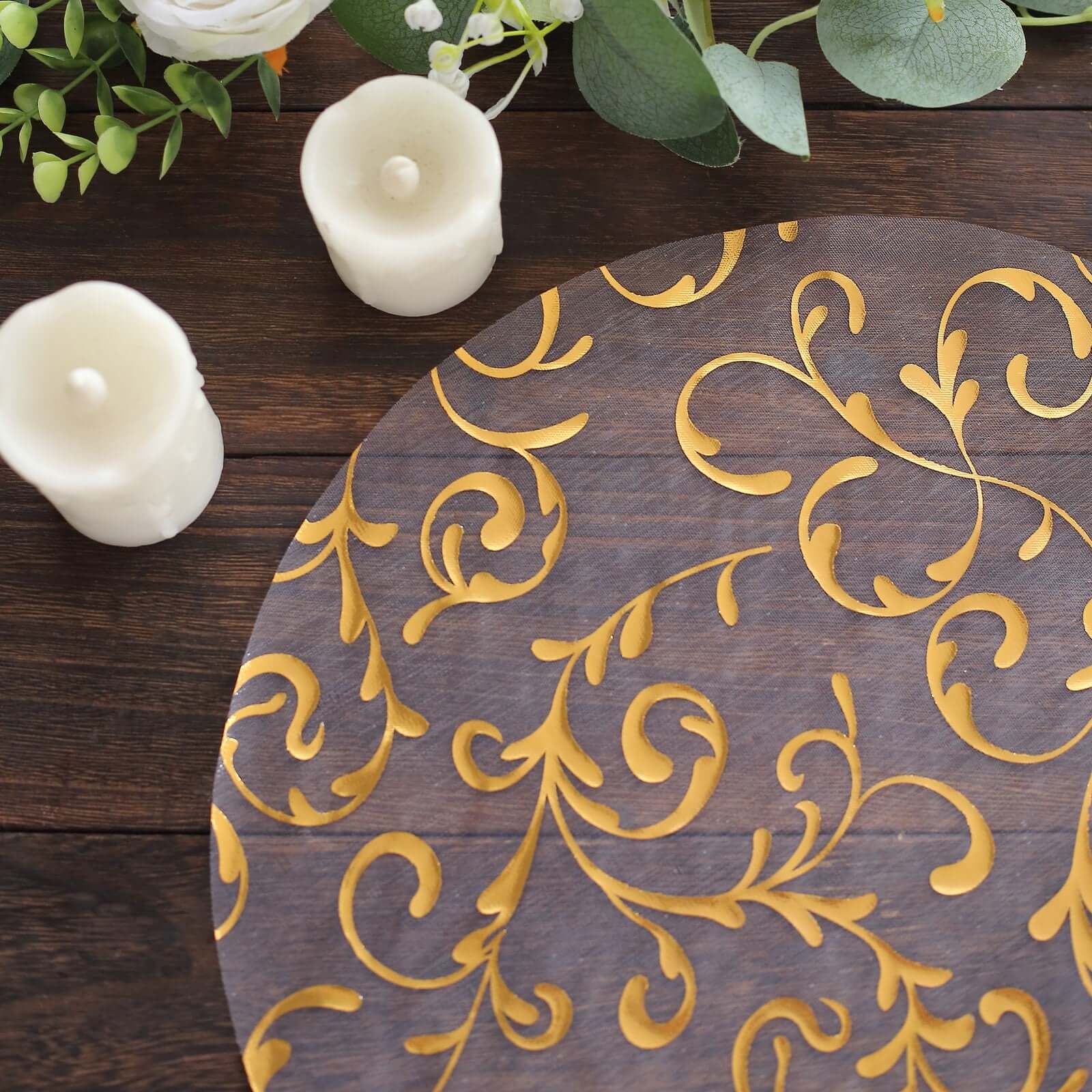 10-Pack Table Placemats Embossed Foil Flower Design Metallic Gold Round - Sheer Organza Disposable Mats 13