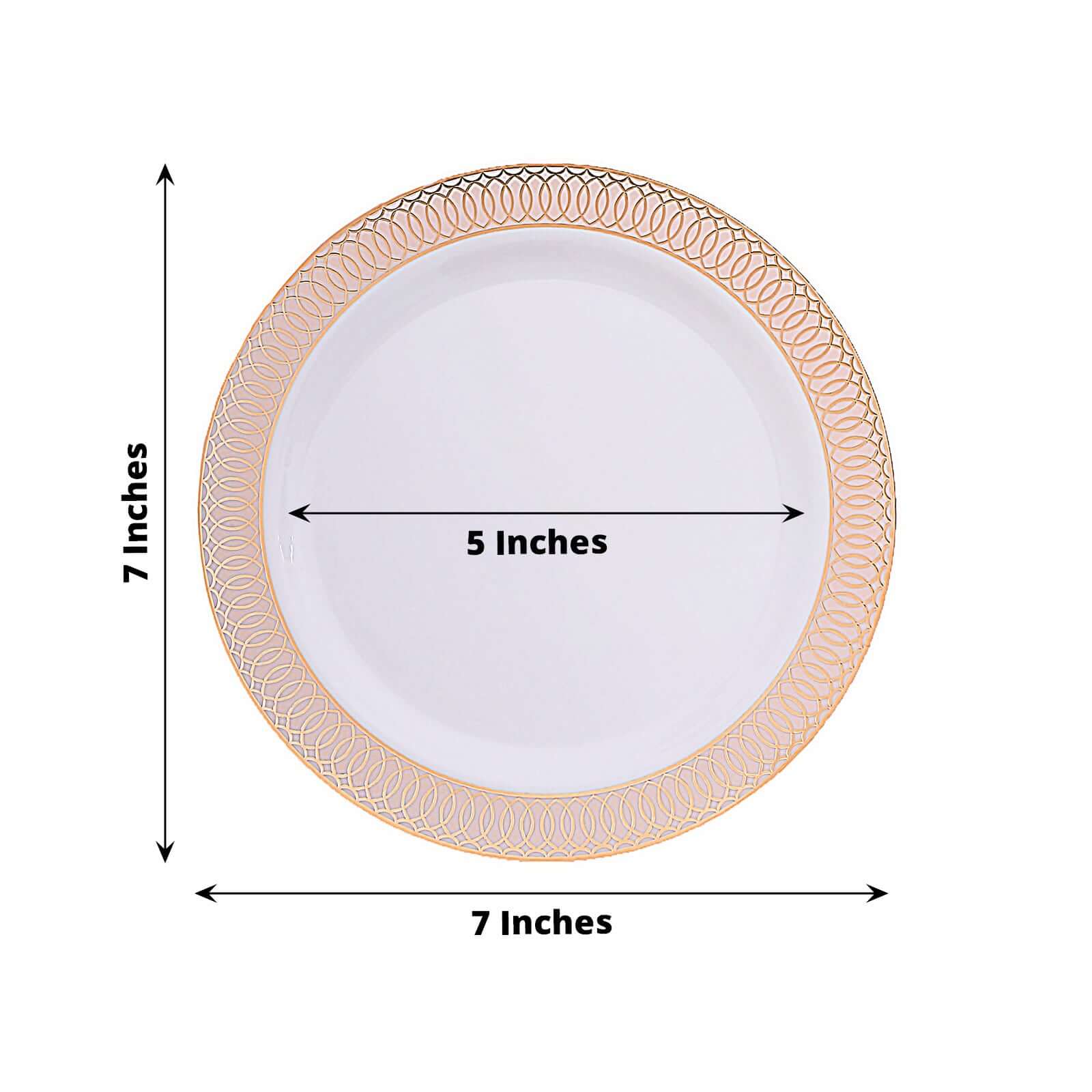 10-Pack Plastic Round Dessert Plates 7 White with Blush Rose Gold Spiral Rim - Chic Disposable Salad Plates for Events & Banquets