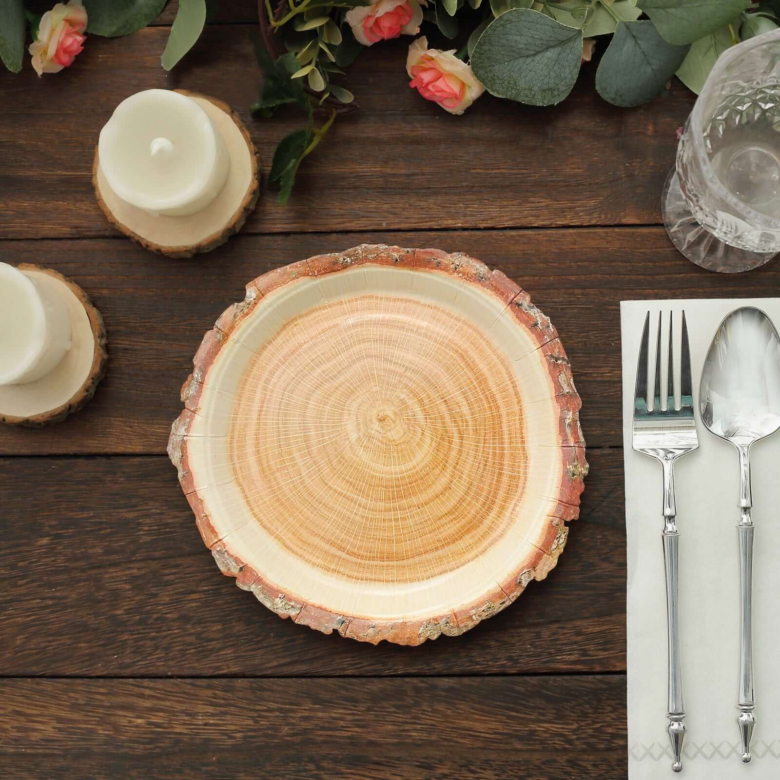 25-Pack Paper 7 Round Dessert Plates in Natural Wood Slice Print - Disposable Appetizer Salad Plates for Rustic Farmhouse Style Events