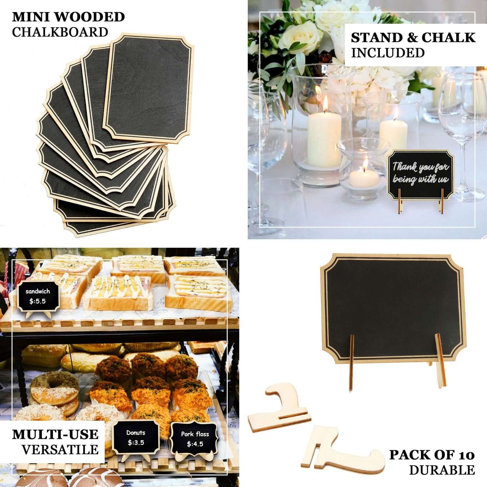 10-Pack Mini Wooden Chalkboard Signs Table Design with Removable Stands - Perfect for Events and Craft Displays 3x4