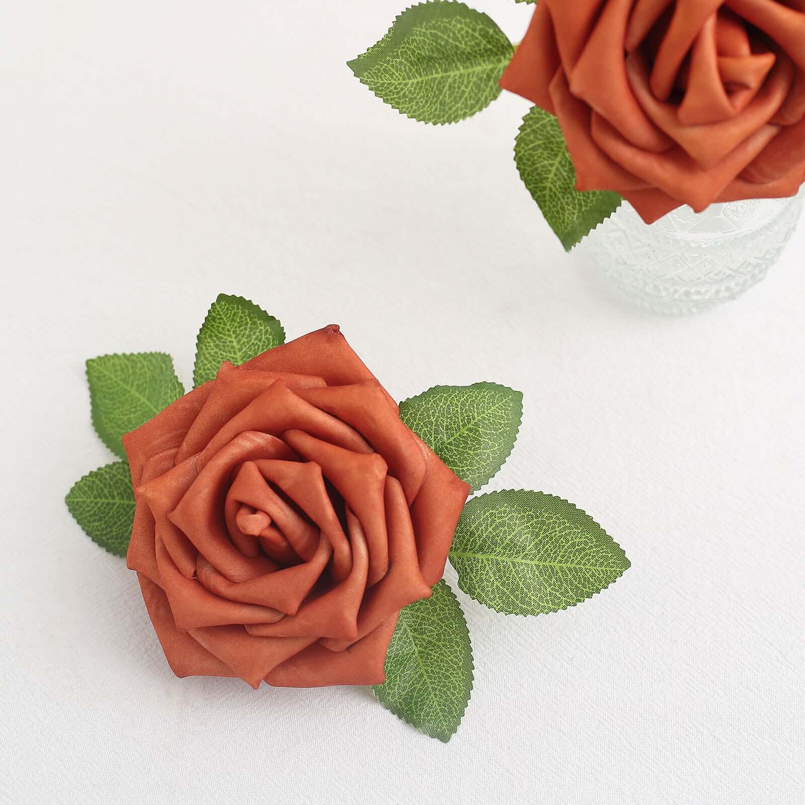 24 Roses 5 Terracotta (Rust) Artificial Foam Flowers With Stem Wire and Leaves