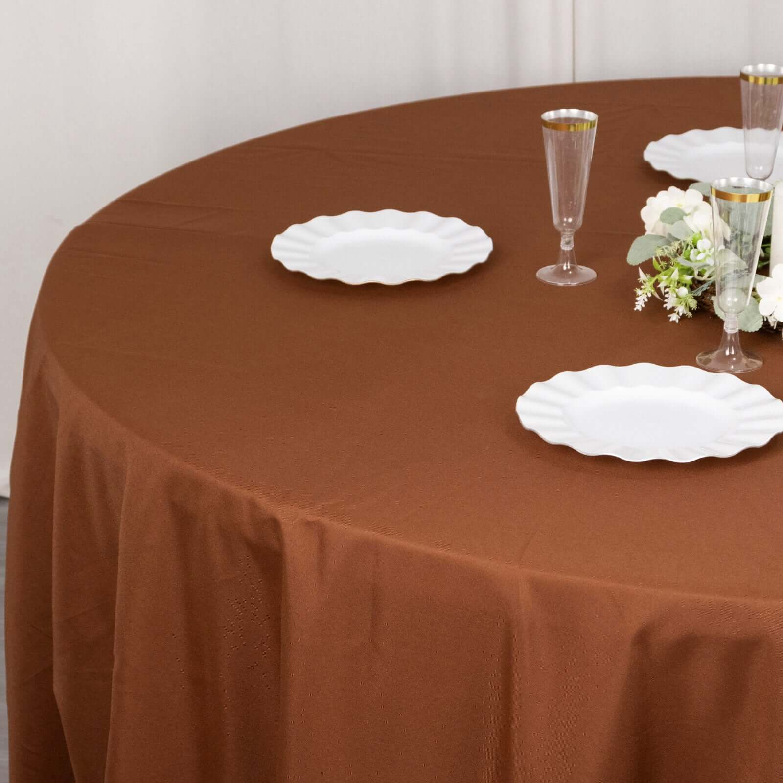 Polyester 132 Round Tablecloth Cinnamon Brown - Seamless Chic Table Cover