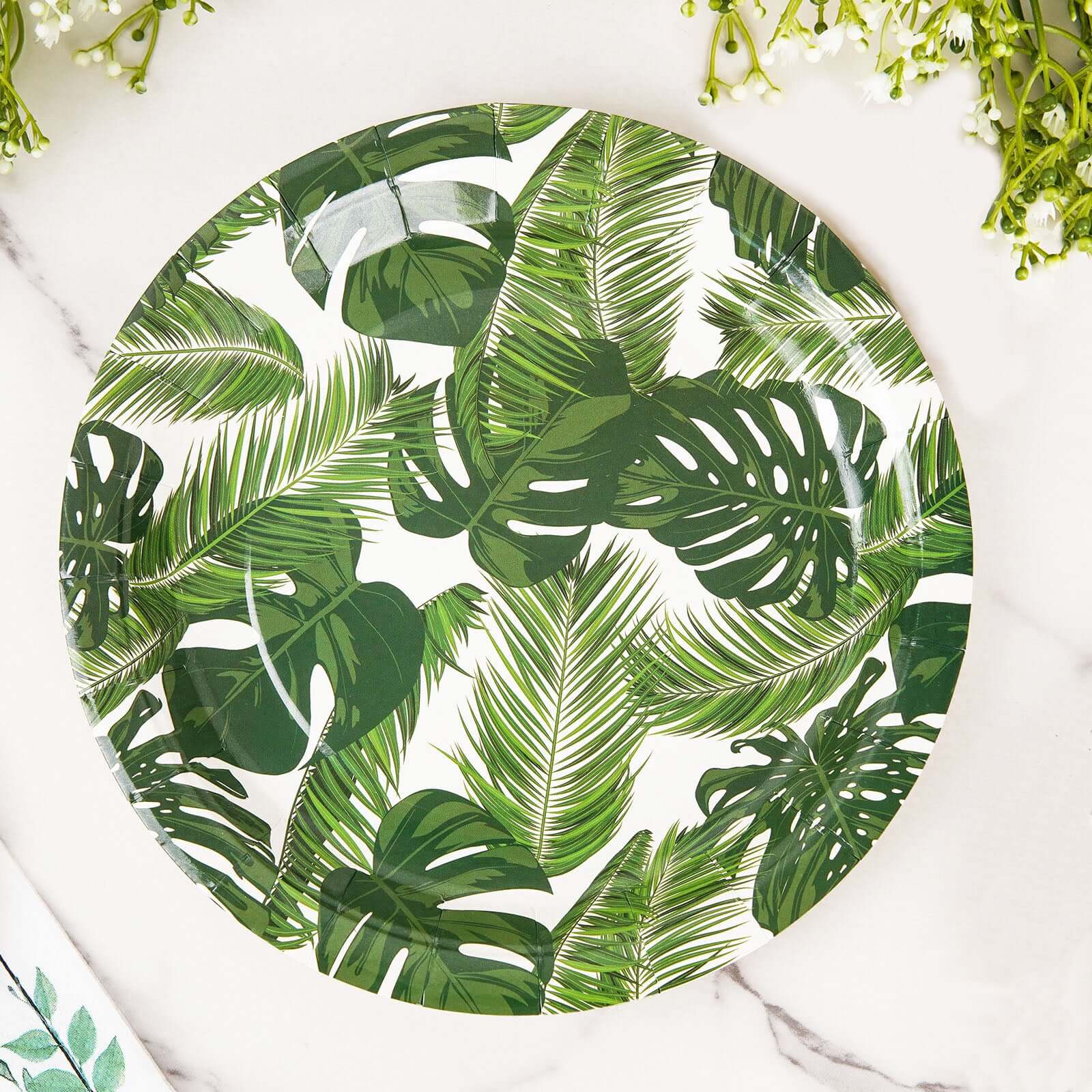 25-Pack Paper 9 Round Dinner Plates in White with Tropical Palm Leaf Design - Disposable 300GSM Party Plates for Luau & Summer Gatherings