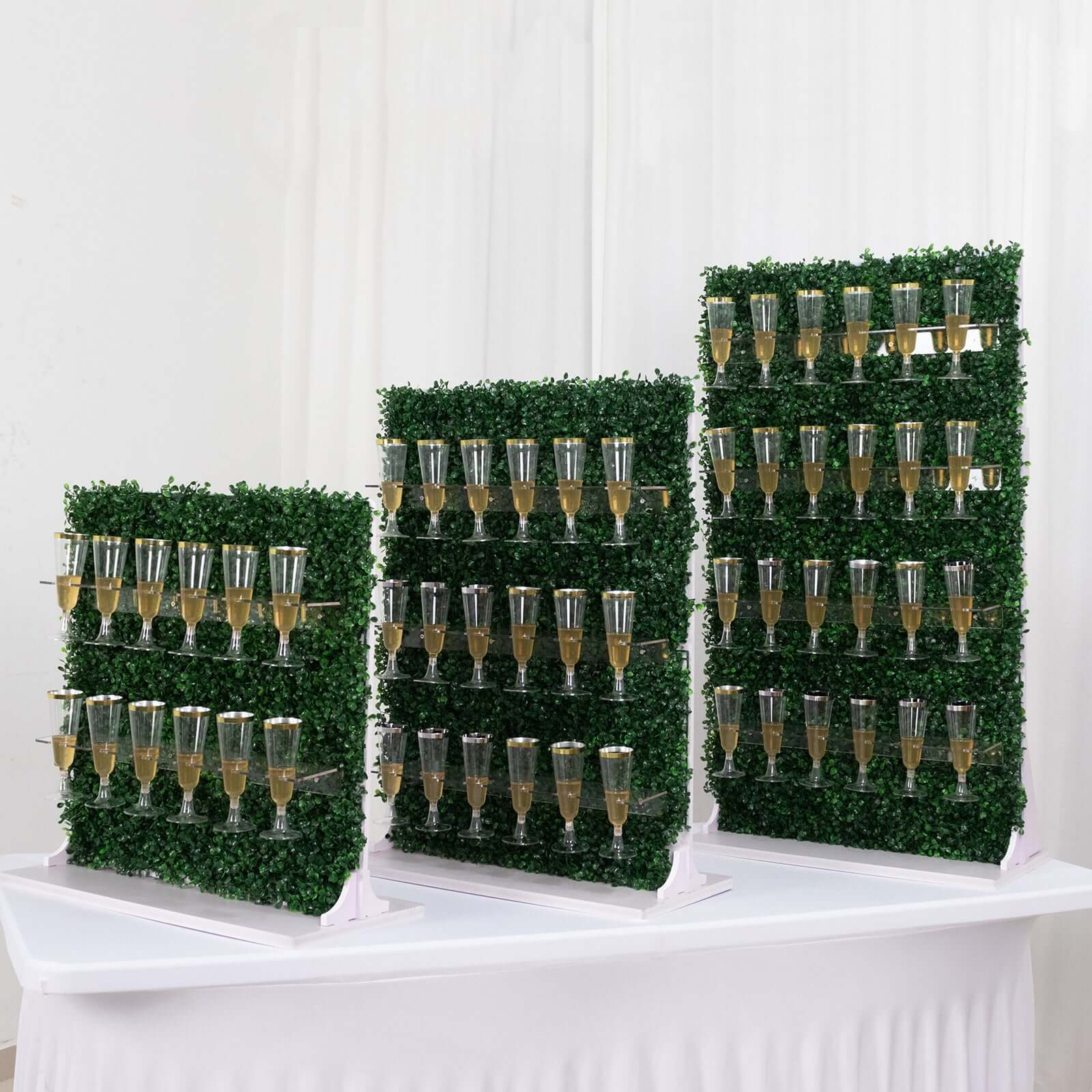 Set of 3 Champagne Wall Glass Holder Green - Tiered Faux Boxwood Stemware Rack Cocktail Display Drink Organizer for Classy Events & Banquets 24, 33, 42