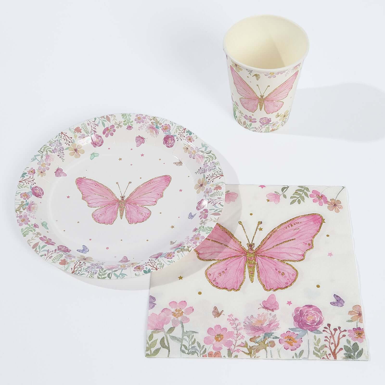 96 Pcs Paper Dinnerware Set with Butterfly Print White/Pink - Disposable Tableware Set with Plates, Cups, and Napkins