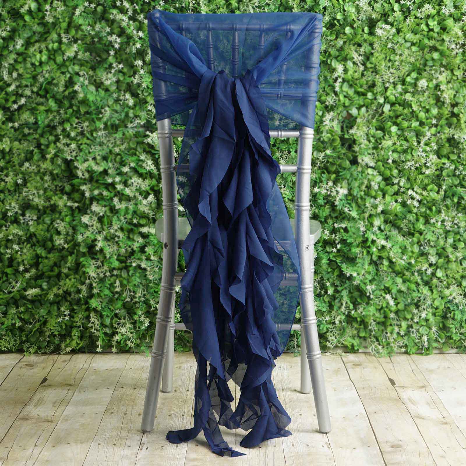 1 Set Chiffon Hoods Chair Sashes with Willow Ruffles Design Navy Blue - Stylish Chair Bow Decor