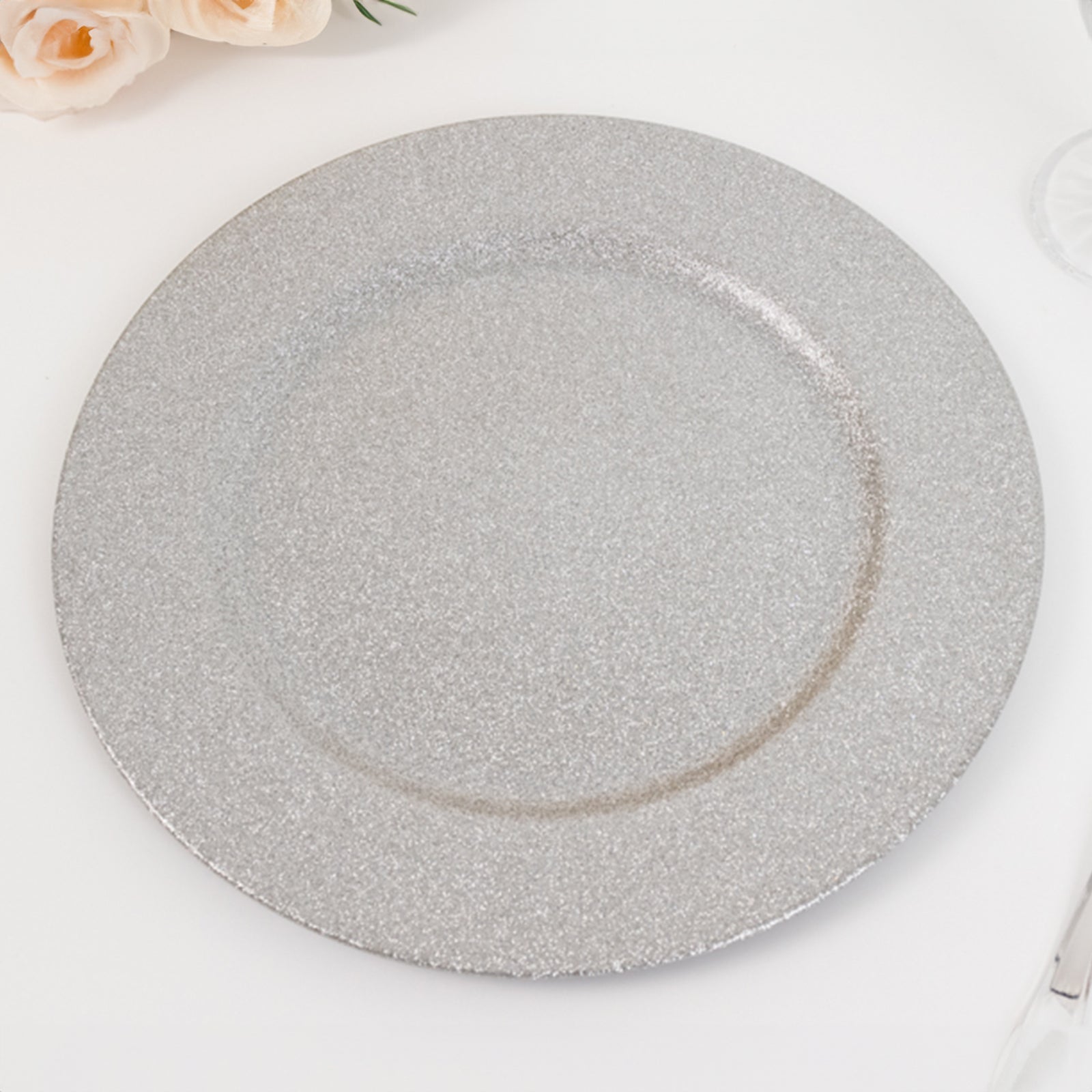 6-Pack Acrylic Plastic Round Charger Plates 13 in Silver with Dust Free Glitter Finish, Decorative Dinner Party Charger Tableware