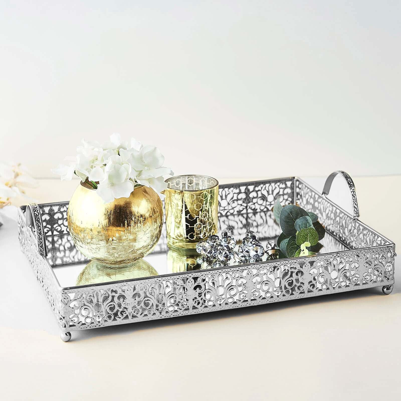 Metal Mirrored Rectangle Serving Tray 16x12 in Silver Fleur De Lis Design with Handles, French Inspired Decorative Vanity Tray Centerpiece