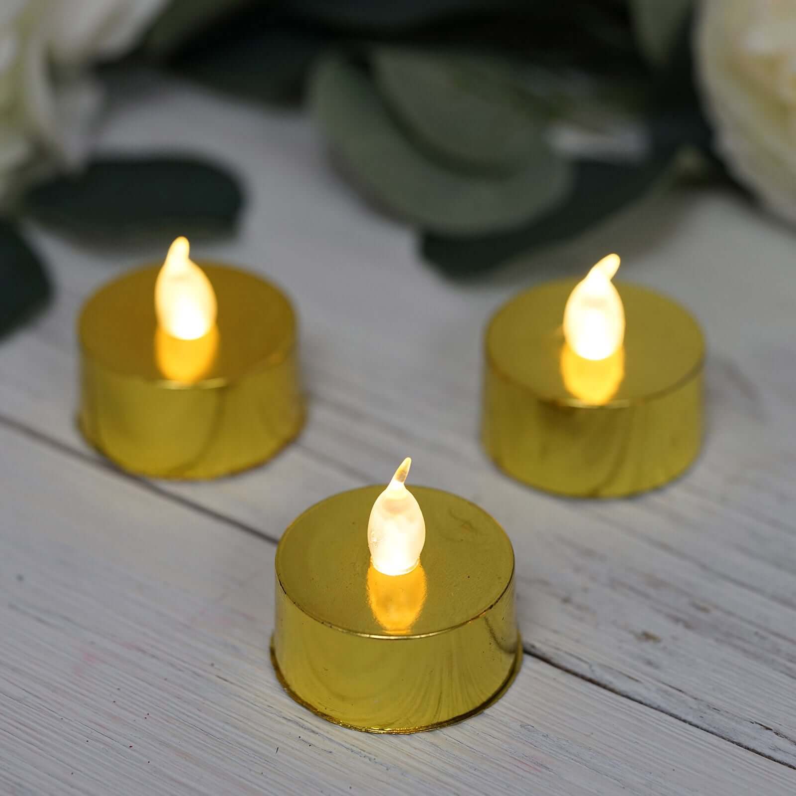 12-Pack LED Tealight Candles Metallic Gold Design - Reusable Flameless Battery Operated Lights