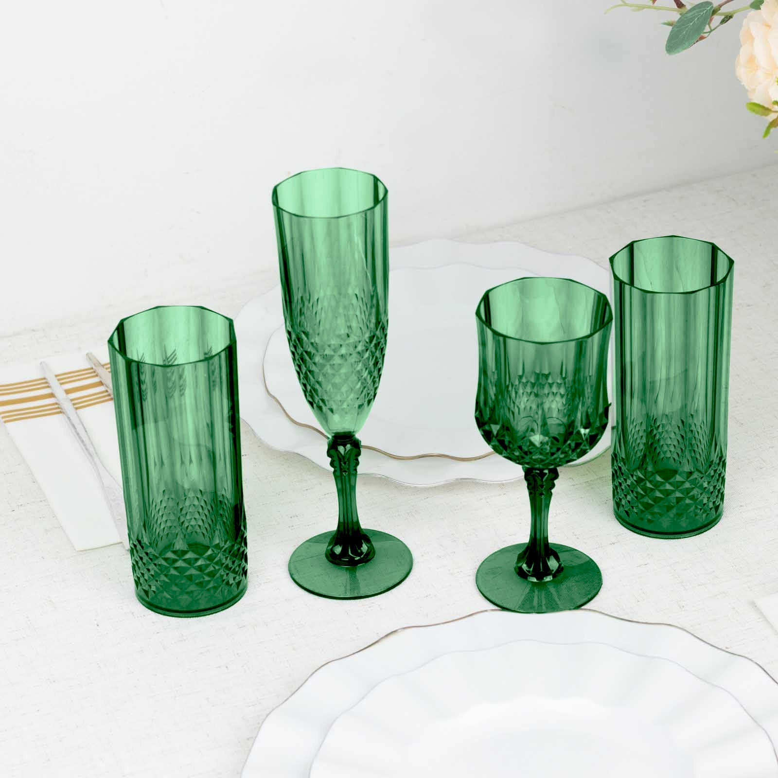 6-Pack Plastic Cocktail Goblets Hunter Emerald Green Transparent Crystal Cut - Shatterproof Drinkware 8oz