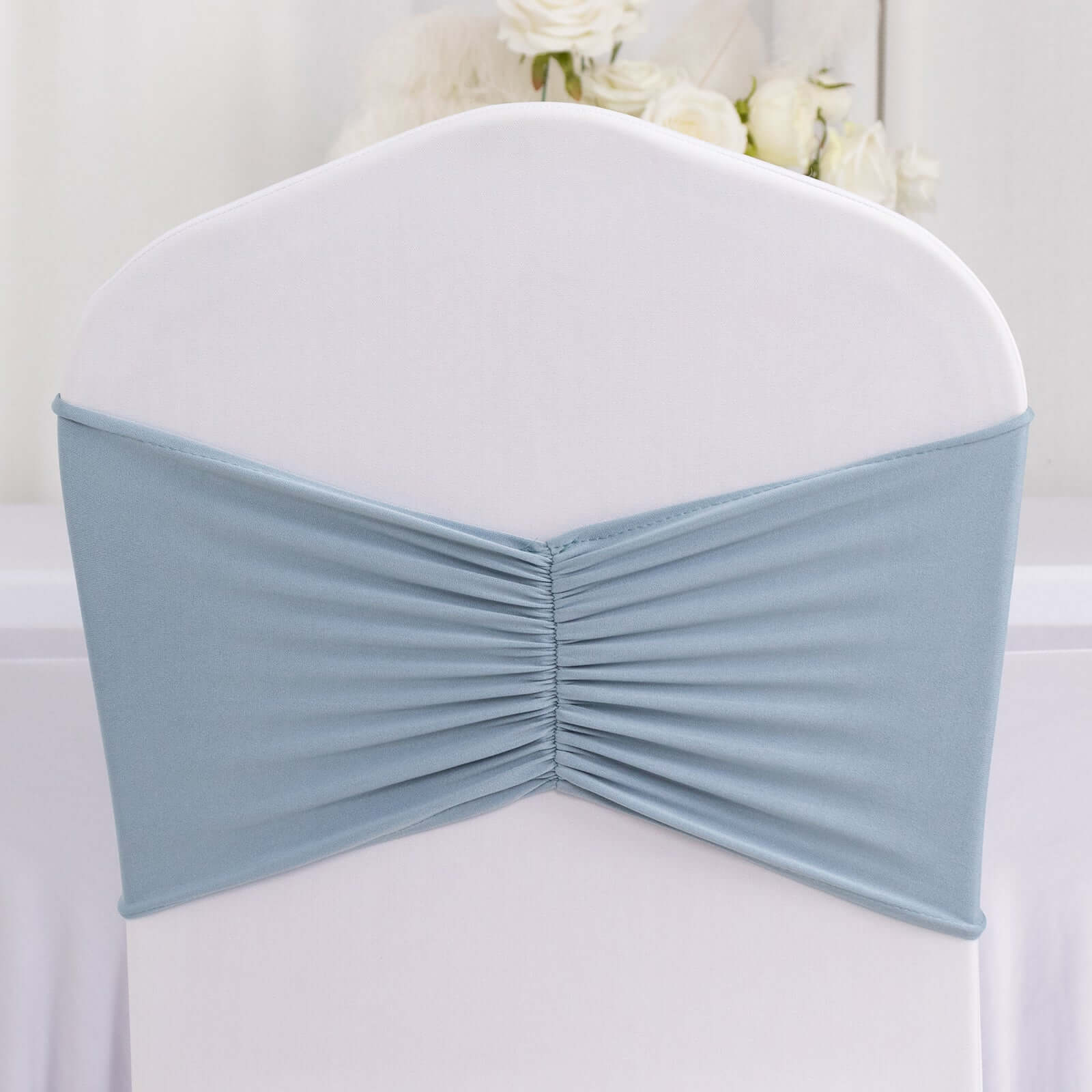 5 Pack Spandex Chair Sashes Dusty Blue Ruffled Style - Wide Easy to Use Stretch Chair Bands 8x13