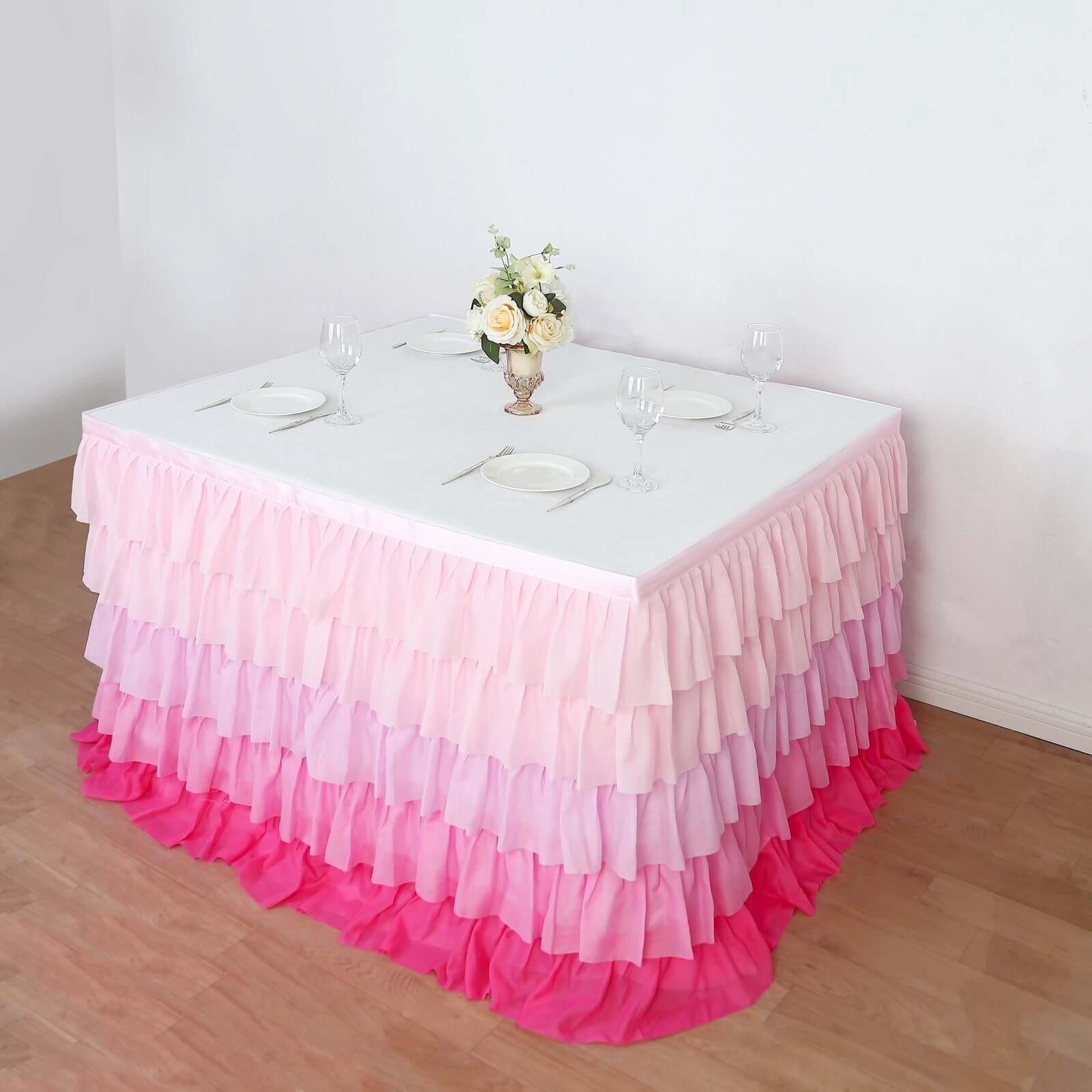 Chiffon 14ft Table Skirt Gradient Pink - Stylish 5-Tier Ombre Ruffled Tutu Table Cover with Satin Backing for Weddings & Celebrations