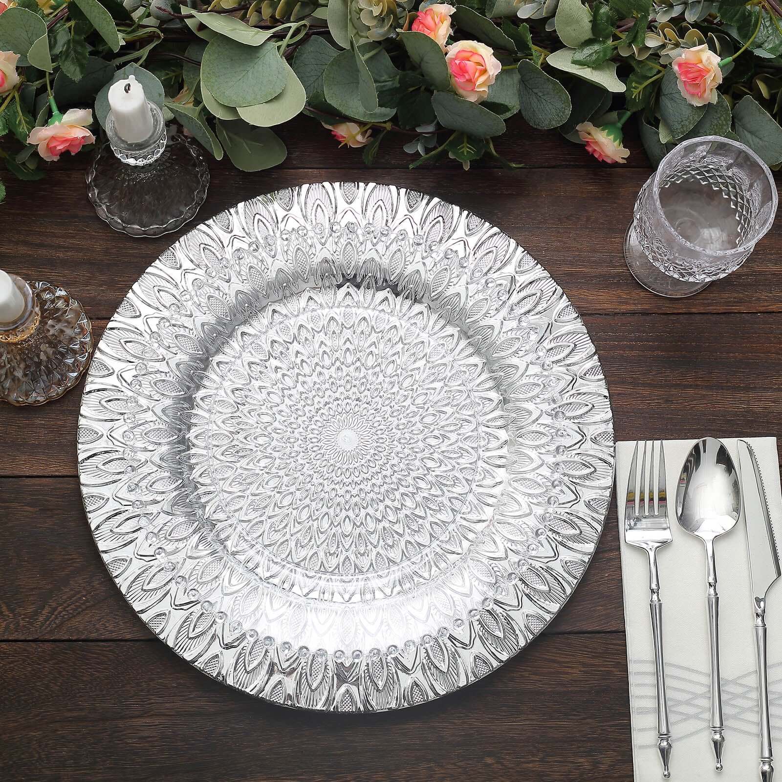 6-Pack Plastic Round Charger Plates 13 in Silver with Embossed Peacock Pattern, Stylish Disposable Charger Tableware