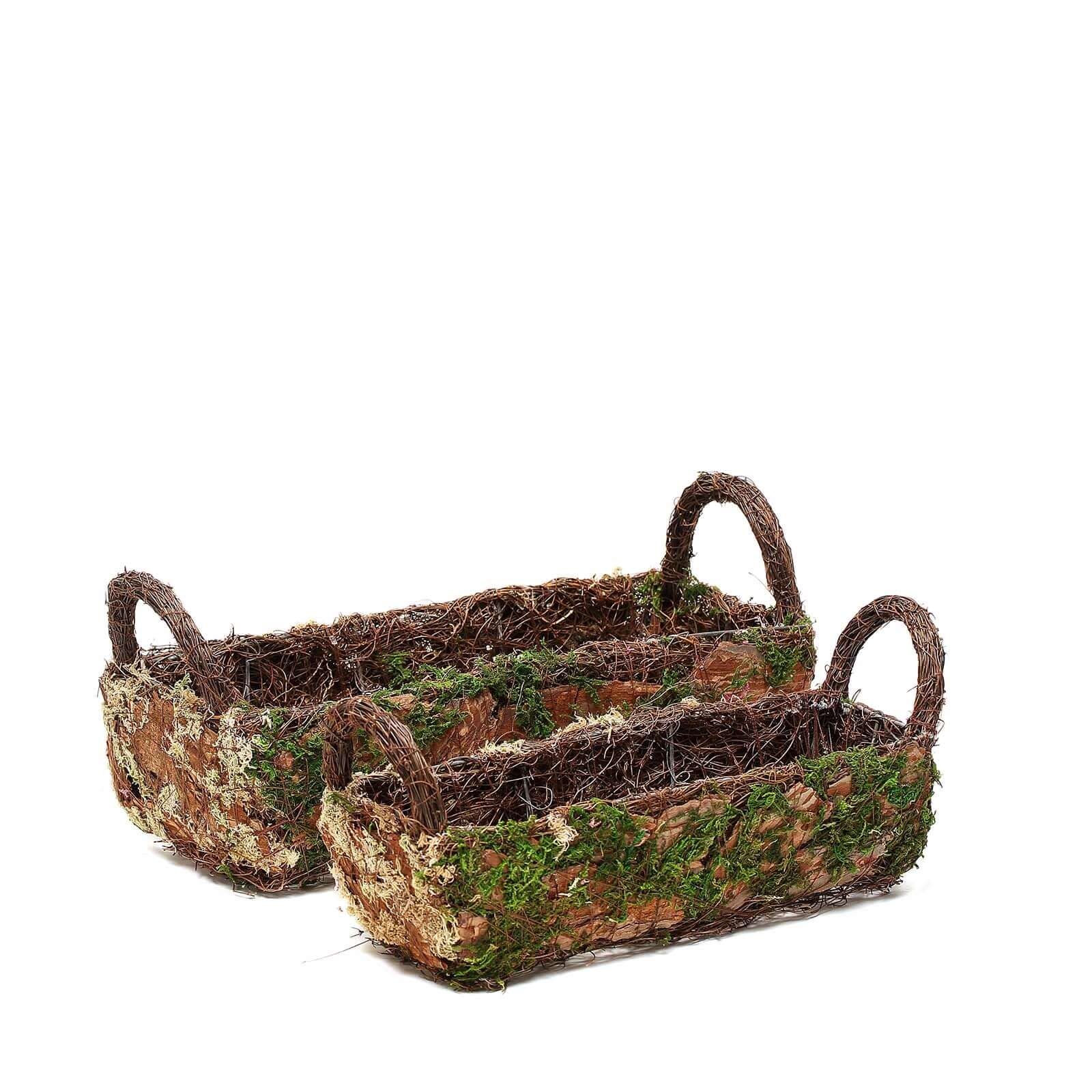 Set of 2 Rustic Planter Boxes Preserved Moss Log Shaped with Handle - Flower Basket Centerpieces 13, 15