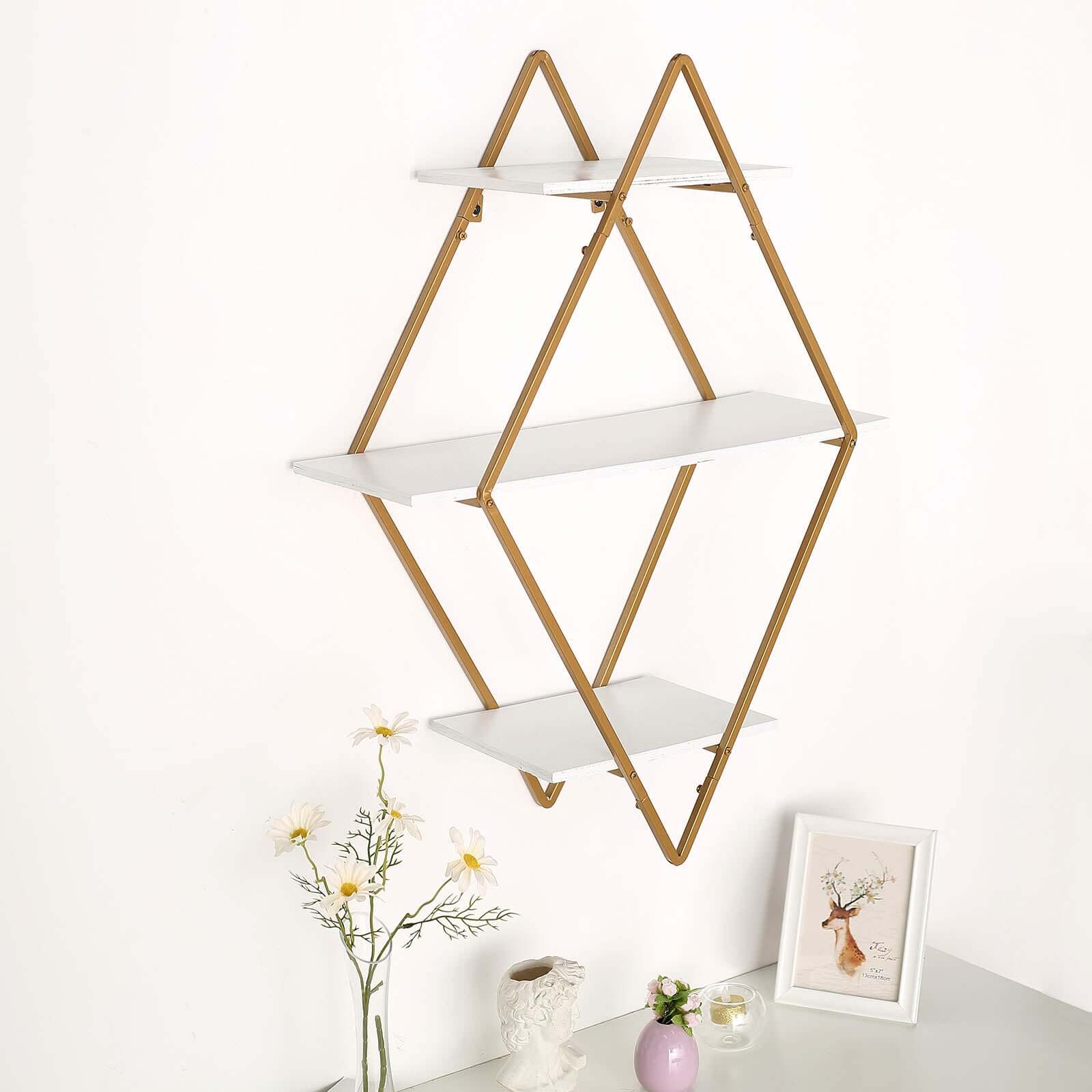 31 Geometric Diamond Shaped 3-Tier Gold Metal Dessert Cupcake Stand Rack, Wall Hanging Display Shelf Display, Book Shelf With White Wood Panels