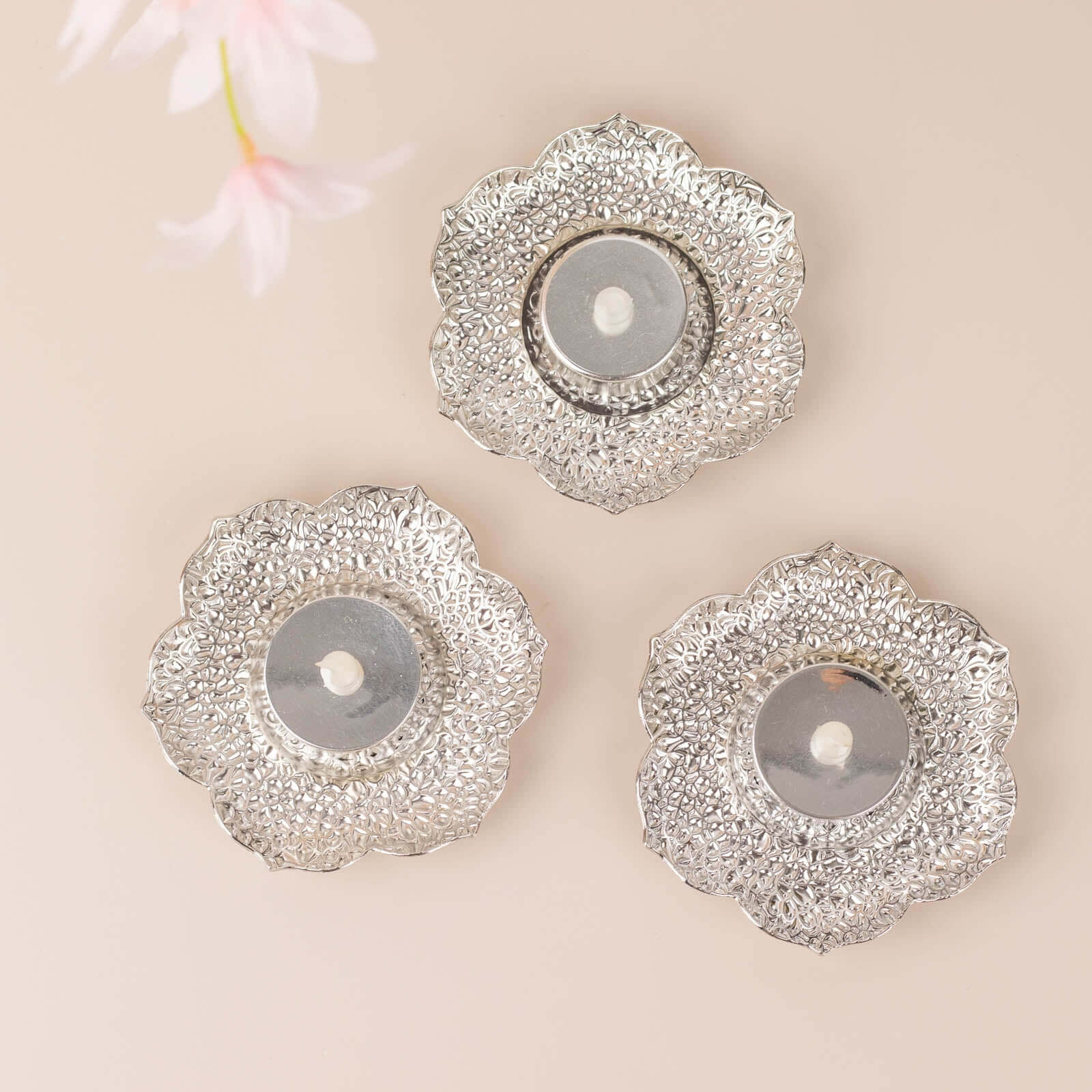 3-Pack Metal Votive Candle Holders Plum Blossom Design Shiny Silver - Vintage Mini Tea Cup Saucers 4