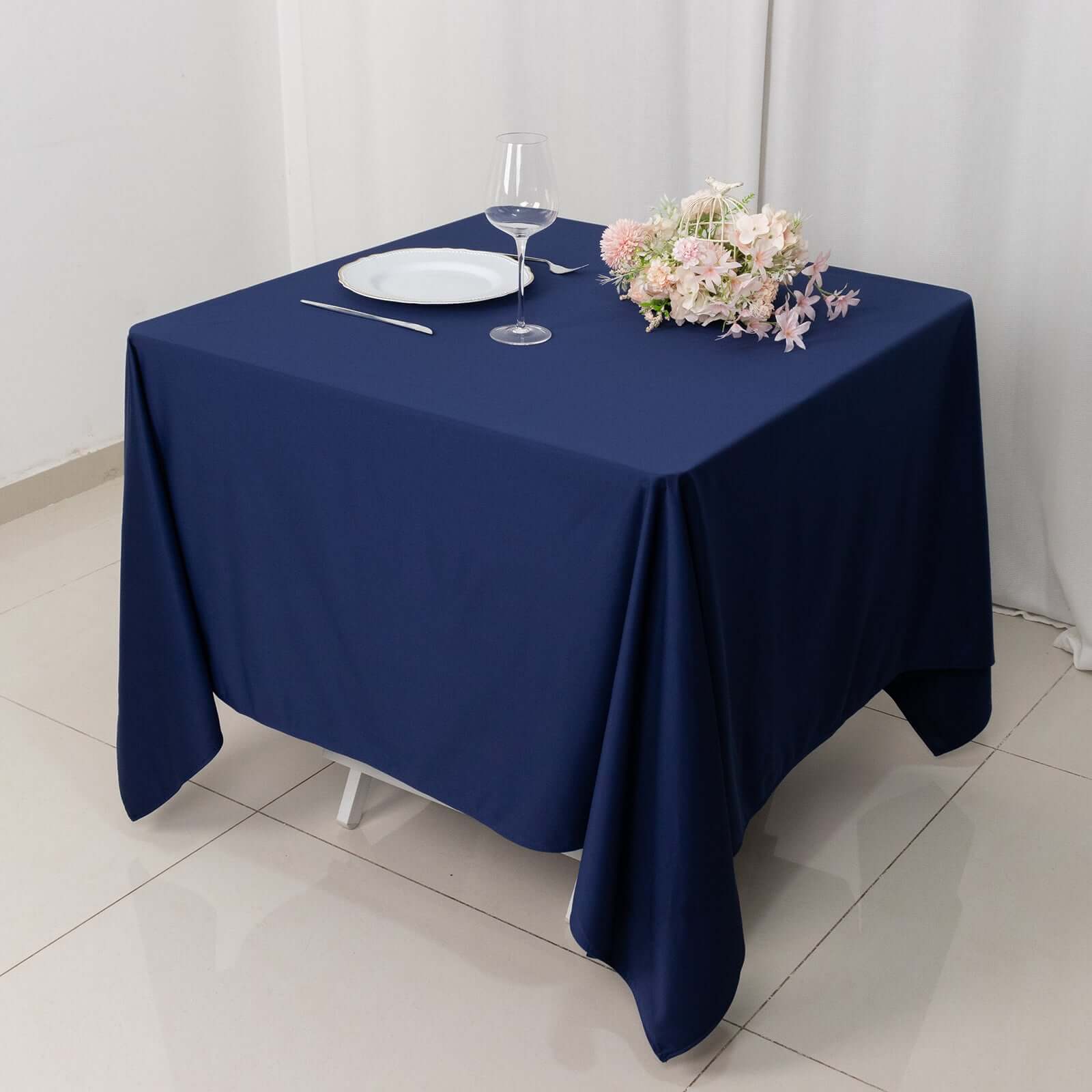 Premium Scuba Square 70x70 Tablecloth Navy Blue - Wrinkle Free & Stain Resistant Table Cover