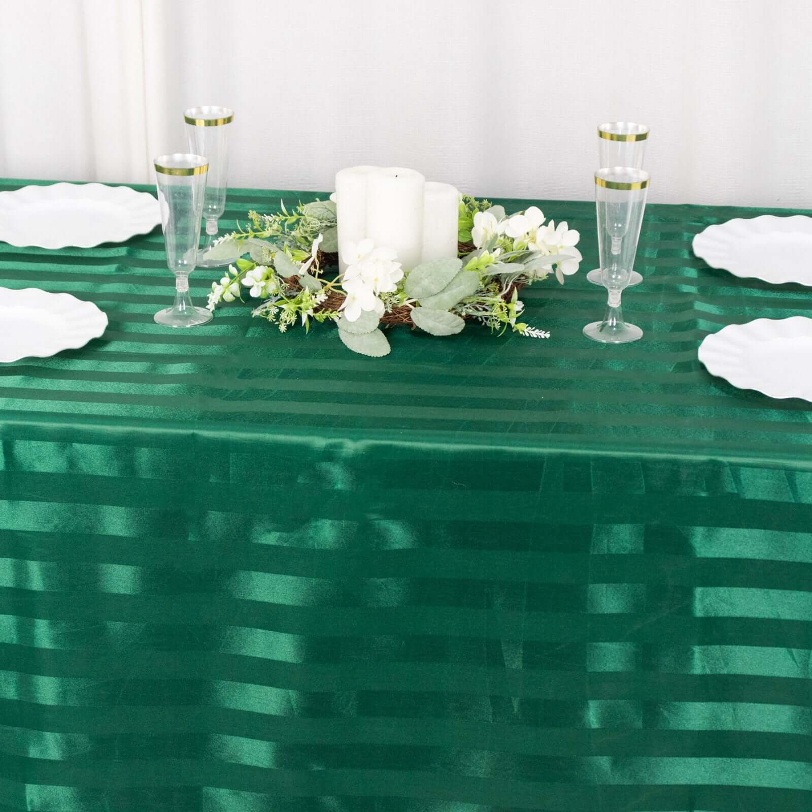 Satin Striped 90x132 Rectangular Tablecloth Hunter Emerald Green Satin Stripe - Seamless Silky Smooth Table Cover