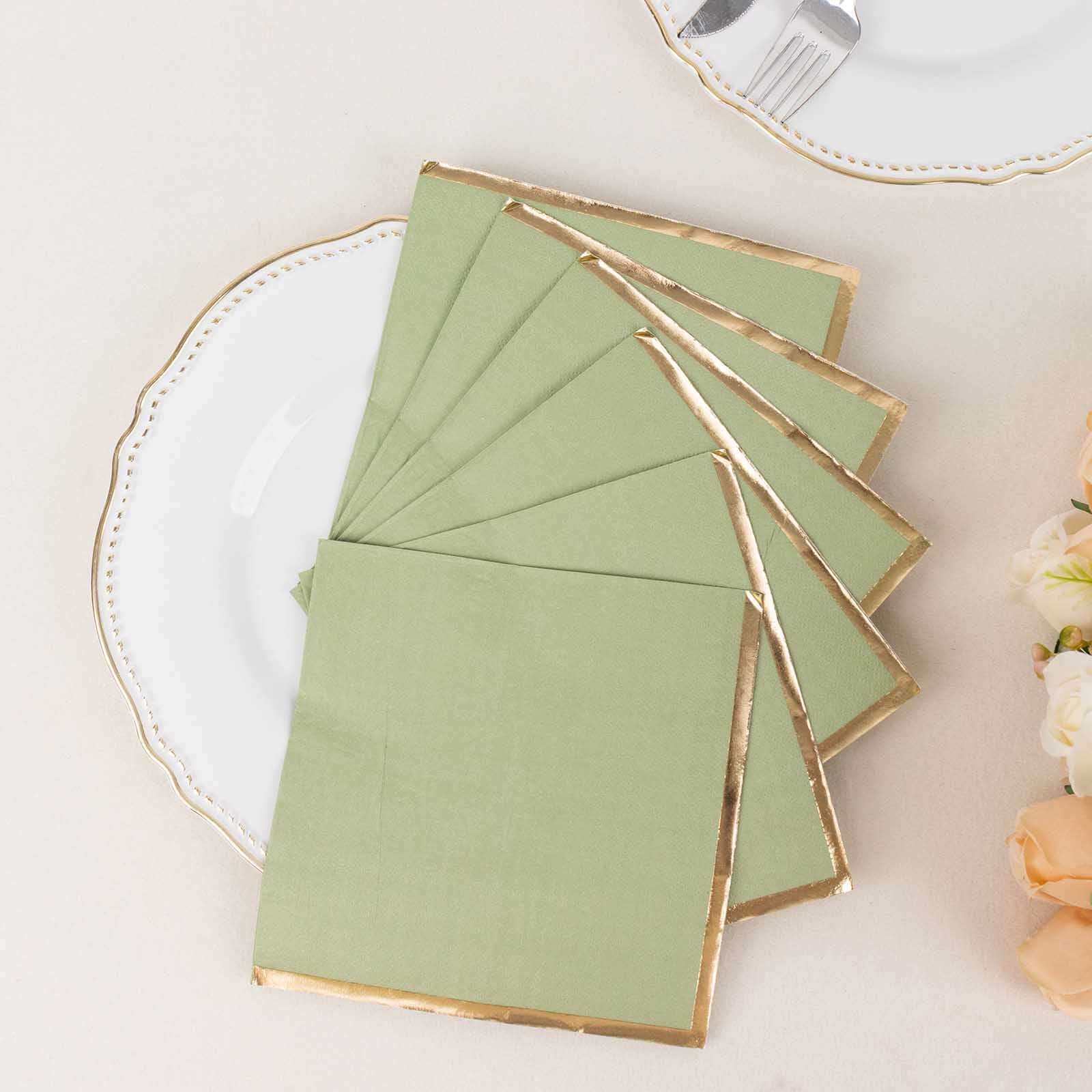 50-Pack Paper Beverage Napkins with Gold Foil Edge Sage Green - Disposable 2 Ply Cocktail Napkins for Events 6.5x6.5