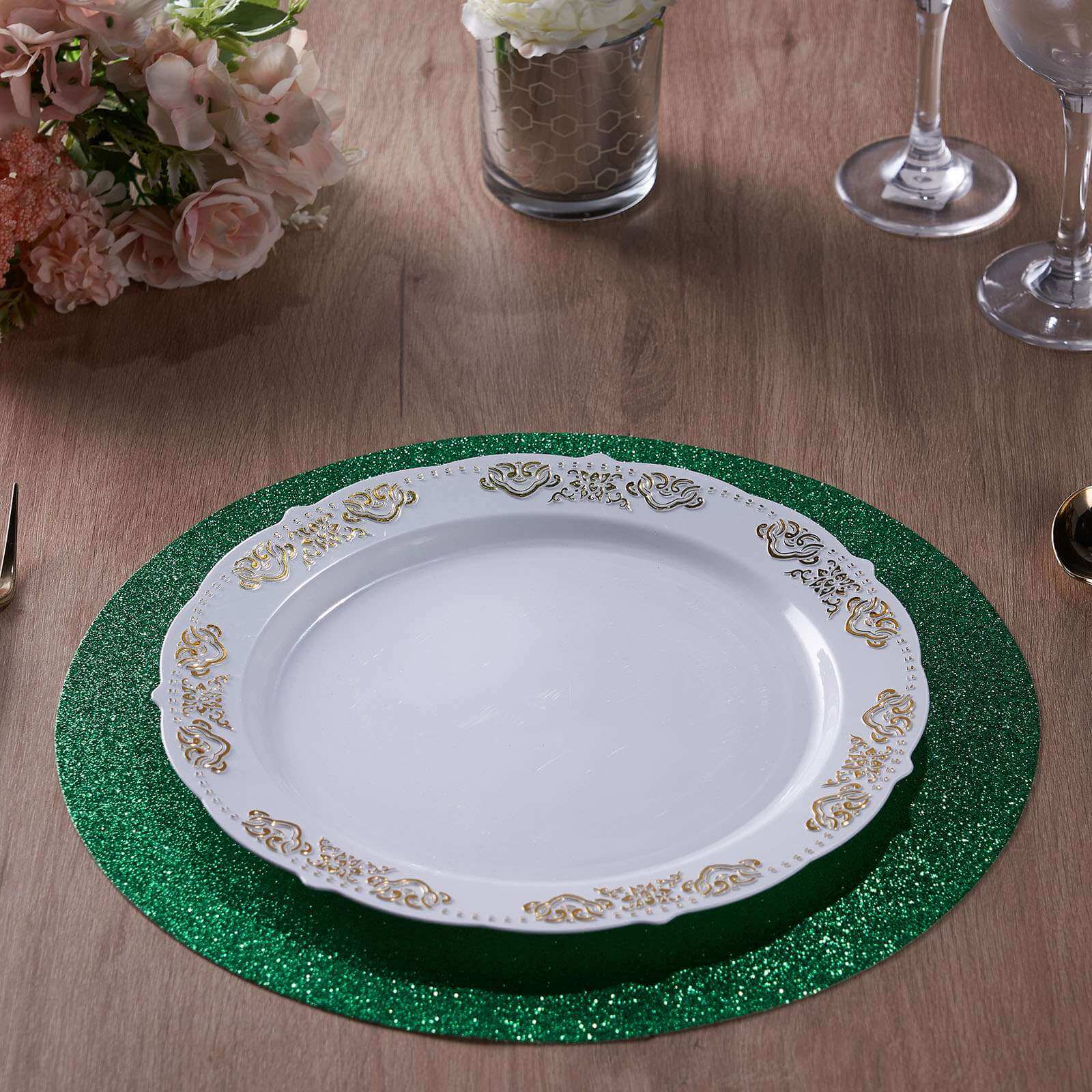 6-Pack Placemats Glitter Design Green Sparkle Round - Non-Slip Decorative Dining Table Mats 13