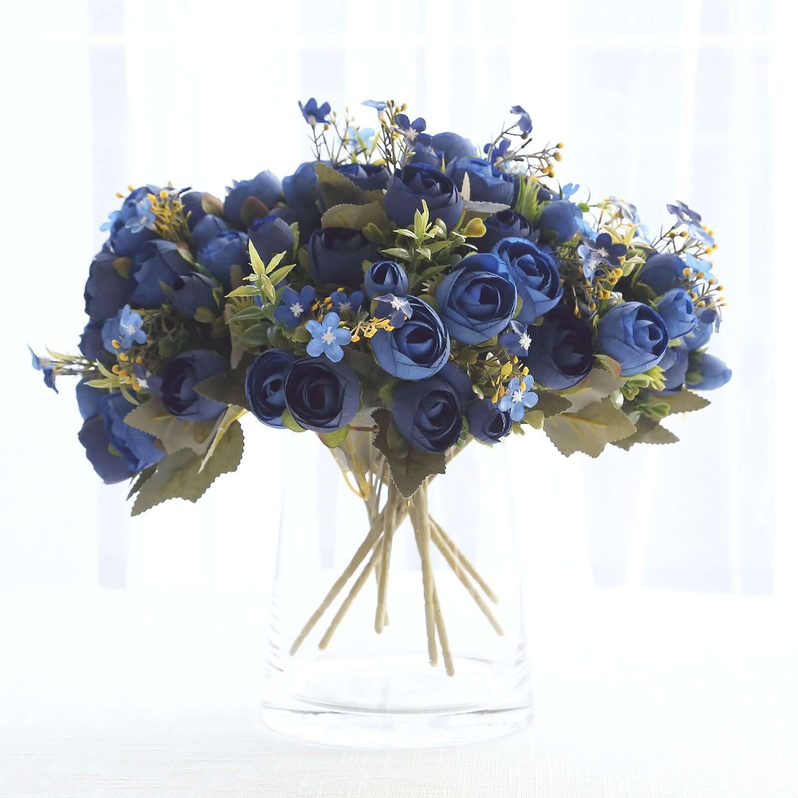4 Pack 12 Artificial Navy Blue Ranunculus Silk Flower Bridal Bouquets, Faux Buttercup Floral Arrangement